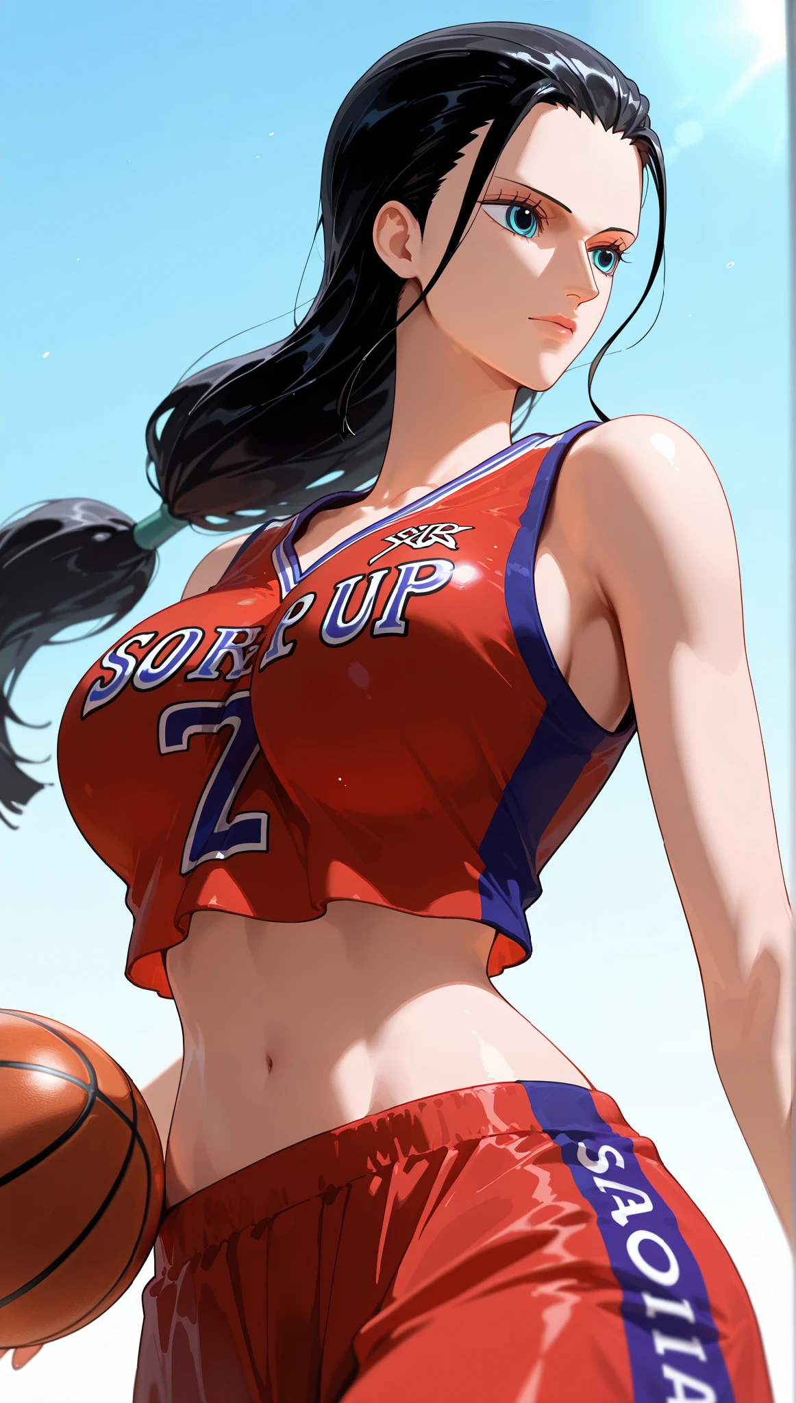 score_9, score_8_up, score_7_up, intricate details,
1girl, Nico Robin, one piece, black hair, hair slicked back, low-tied long hair, blue eyes, red basketball uniform, crop top 