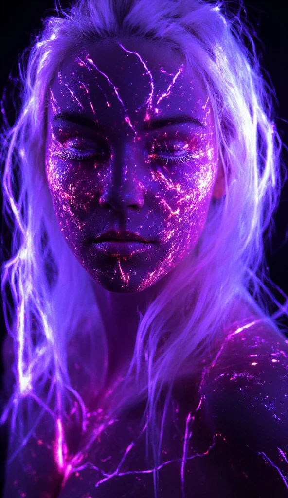 (A semirealistic omnipotent girl : 1.5),(super long white translucent hair with a pink highlight extending all the way to her toes : 1.4),(her hair also have neon purple lightning patterns : 2.1) (hyper powerful),neon purple bold lines all over her body and face  : 2.0,(( dark metalic claws with a purple lines glowing effect)),(purple aura flowing horizontally from the eyes uptill her shoulders : 1.3 )) , full body floating in air 3.1, (rage pose 1.2) , ( dim lighting 1.3), radiant glow 1.1), medium sized breasts, super white fair glowing radiant skin , highly detailed clothes with solo leveling manhwa art style 