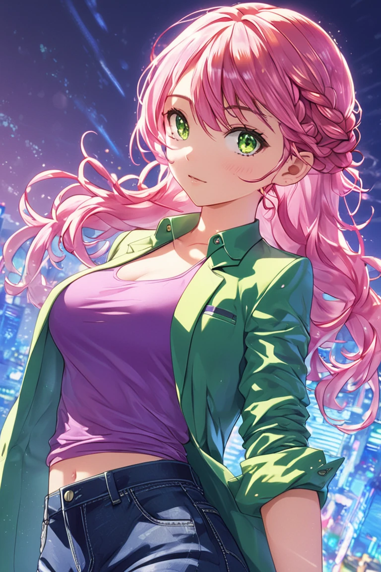 1girl, medium breast, anime screencap, pink hair, french braid, curly hair, long hair, high quality, Athletic Female Physique, green eyes, glowing skin, (masterpiece:1.2), wearing a casual yet stylish outfit. She is dressed in a mustard blue blazer with rolled-up sleeves, a fitted purple tank top, high-waisted skinny jeans, and nude pointed-toe heels,masterpiece, best quality, very aesthetic, absurdres,Genshin style, vibrant colors, clean line art, intricate details, soft shading, cel shading, sharp silhouettes, smooth gradients, best quality, cinematic lighting