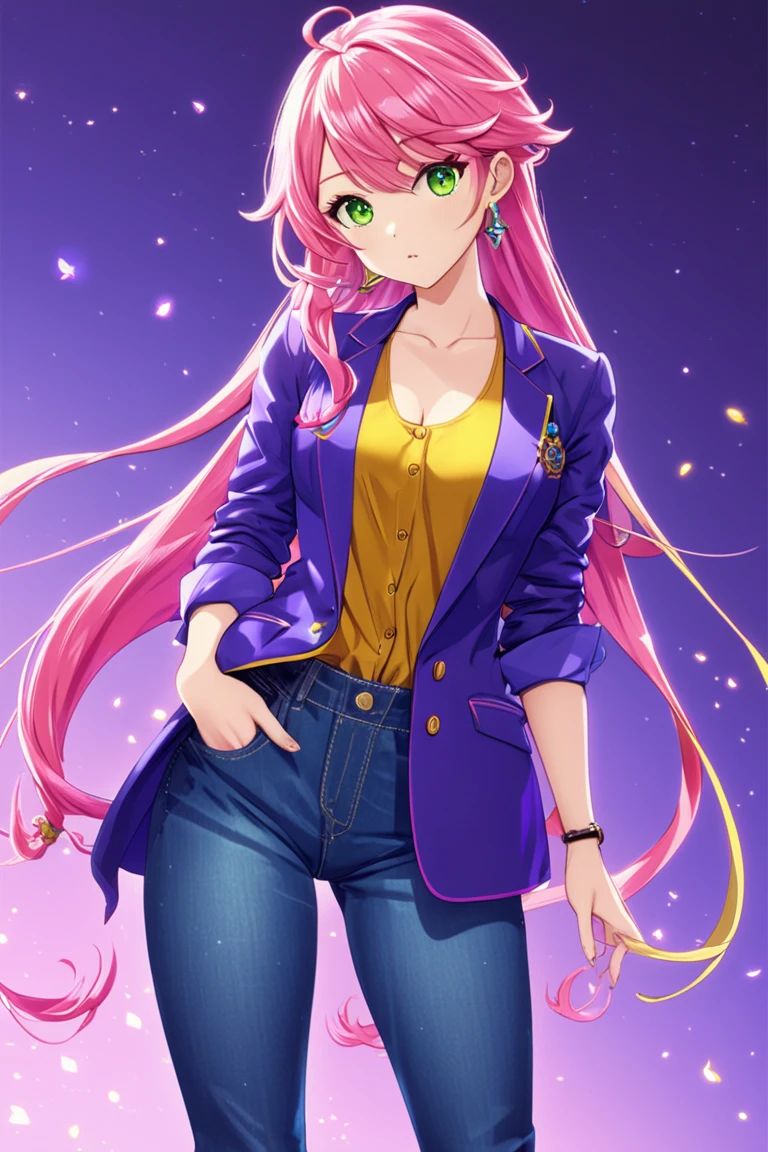 1girl, medium breast, anime screencap, pink hair, french braid, curly hair, long hair, high quality, Athletic Female Physique, green eyes, glowing skin, (masterpiece:1.2), wearing a casual yet stylish outfit. She is dressed in a mustard blue blazer with rolled-up sleeves, a fitted purple tank top, high-waisted skinny jeans, and nude pointed-toe heels,masterpiece, best quality, very aesthetic, absurdres,Genshin style, vibrant colors, clean line art, intricate details, soft shading, cel shading, sharp silhouettes, smooth gradients, best quality, cinematic lighting