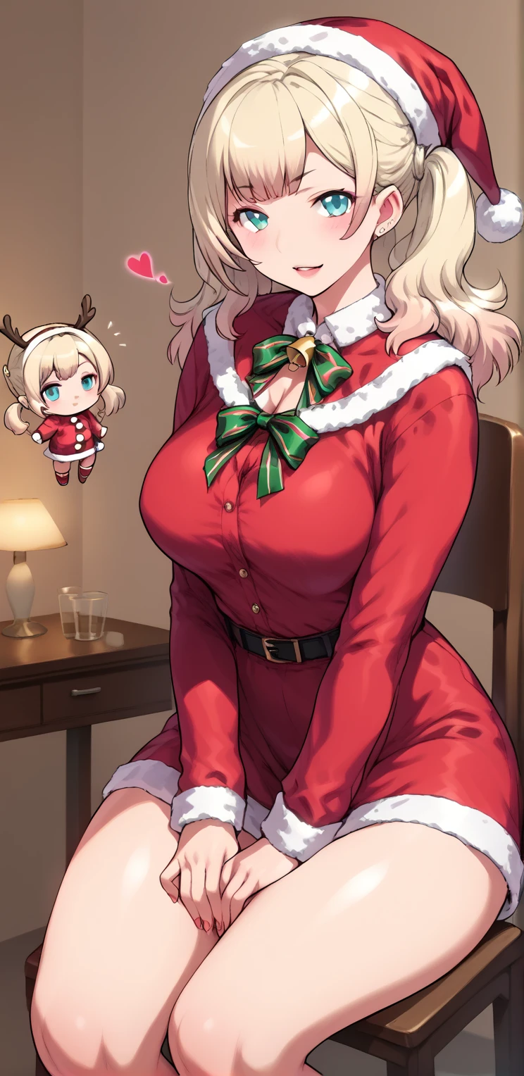 Megumi : Sitting on the chair with your hands on your thighs , Santa Claus costume.  chibi.