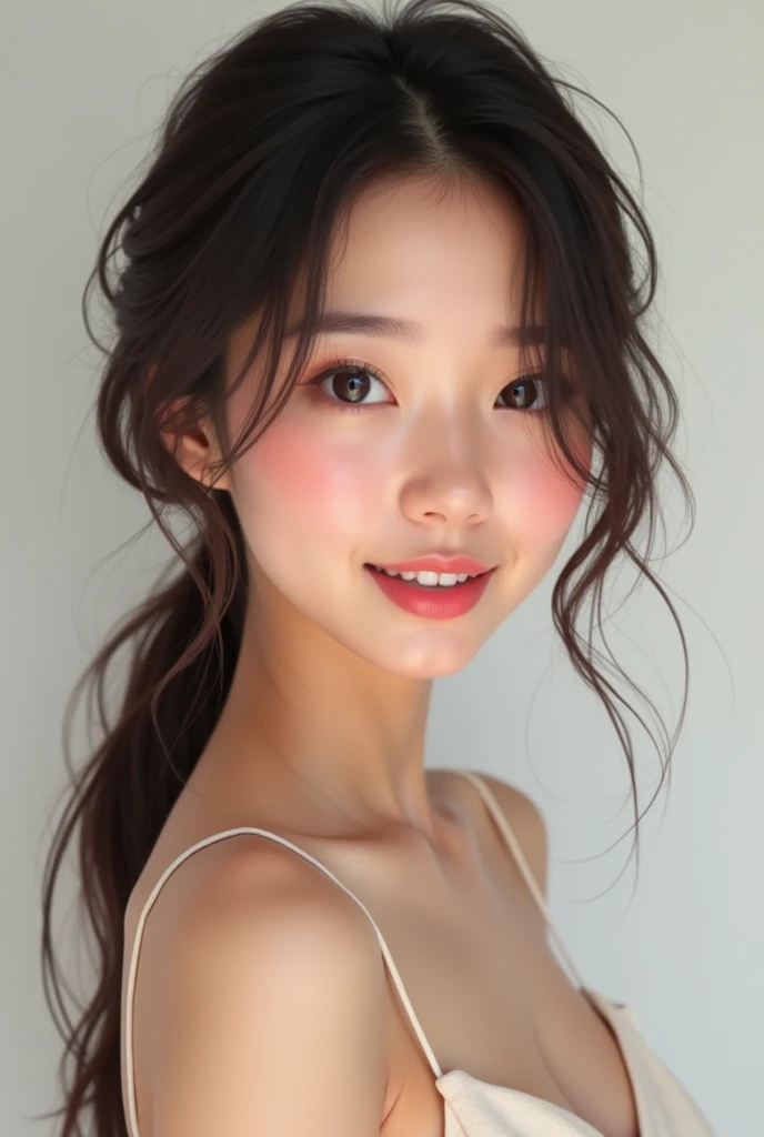 I want an image of a 23-year-old Asian woman with a ponytail, beautiful face, small chest, and double eyelids.