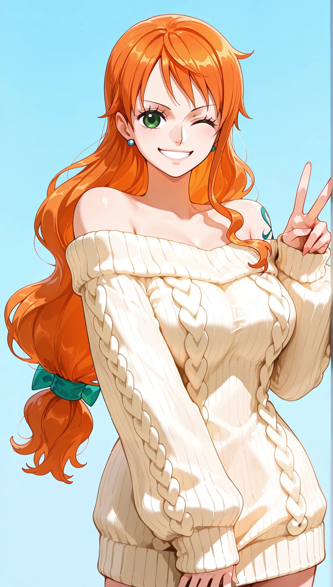 score_9, score_8_up, score_7_up, intricate details,
1girl, Nami, one piece, orange hair, slight wavy hair, low-tied long hair, green eyes, oversized knit sweater, off-shoulder, wink, grin, v