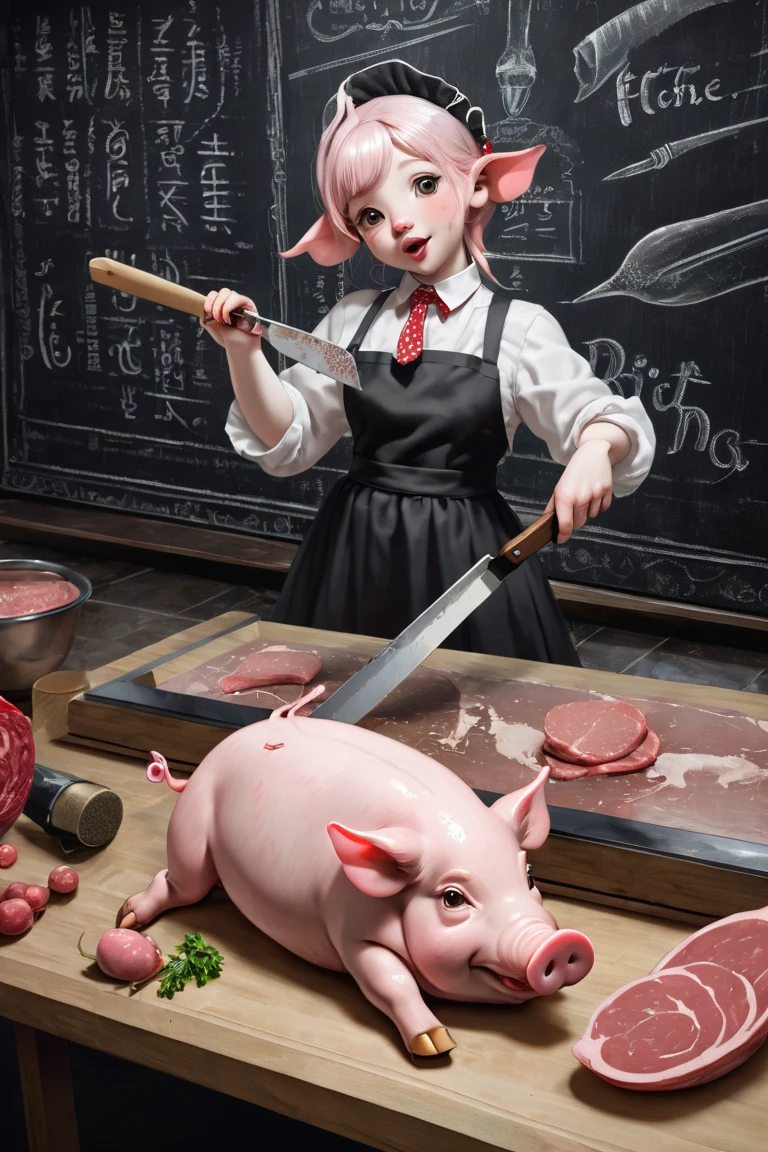 (( top quality )), (( masterpiece fails)), (( detail)), (( detailed)), ((  lies on a blackboard under a butcher's knife, an anthropomorphic girl pig )).