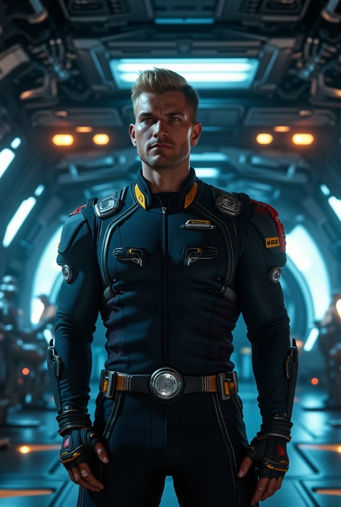 handsome man, starship captain, 195 cm tall, 37 years old, Body relief, pumped up, massive, wide strong chest, strong arms. The man has a square face with a pronounced jaw line, masculinity, short blond hair, classic haircut, blue eyes, modern space captain uniform, stands at full height in the engine room of a spaceship with a tablet in his hands, highly detailed, 8k, realistic, photorealistic, cinematic lighting, dramatic expression, epic scale, hyper detailed, intricate, precise, sharp focus, award winning digital art