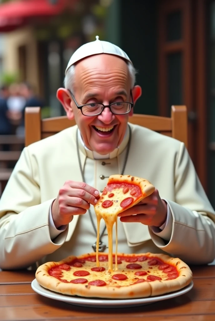 Catholic Pope Francisco eating pizza, highly detailed, realistic photography, 8K