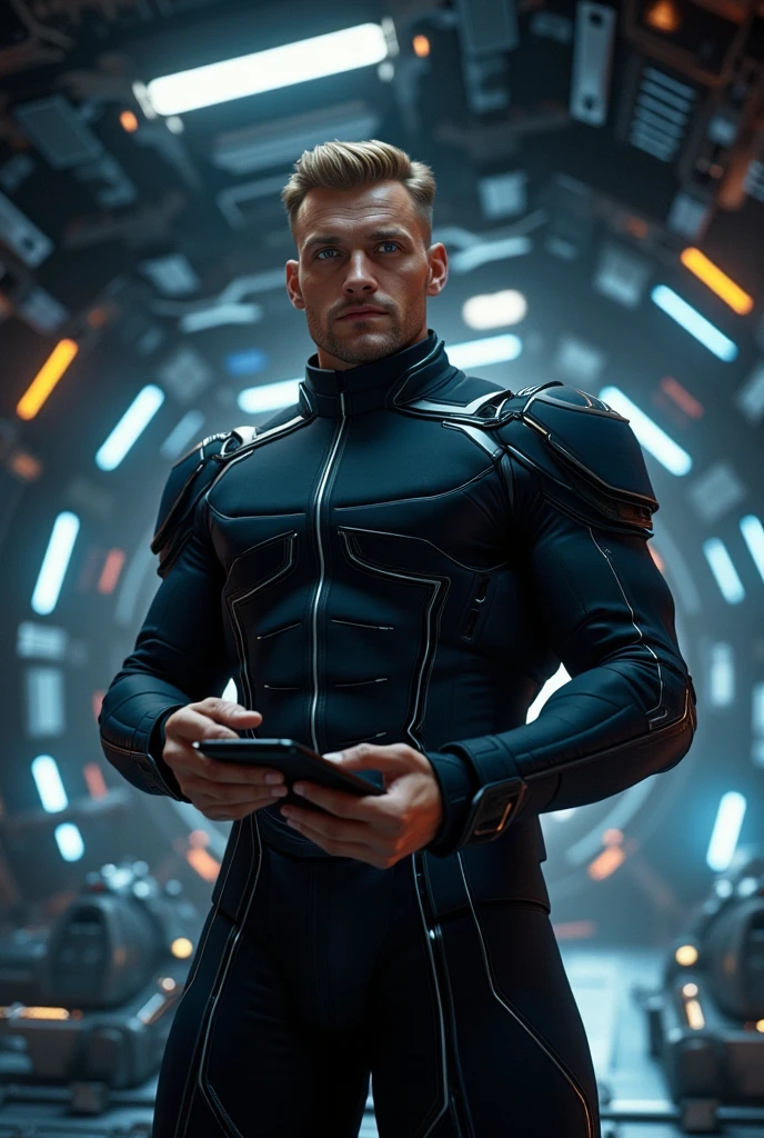 handsome man, starship captain, 195 cm tall, 37 years old, Body relief, pumped up, massive, wide strong chest, strong arms. The man has a square face with a pronounced jaw line, masculinity, short blond hair, classic haircut, blue eyes, modern space captain uniform, stands at full height in the engine room of a spaceship with a tablet in his hands, highly detailed, 8k, realistic, photorealistic, cinematic lighting, dramatic expression, epic scale, hyper detailed, intricate, precise, sharp focus, award winning digital art