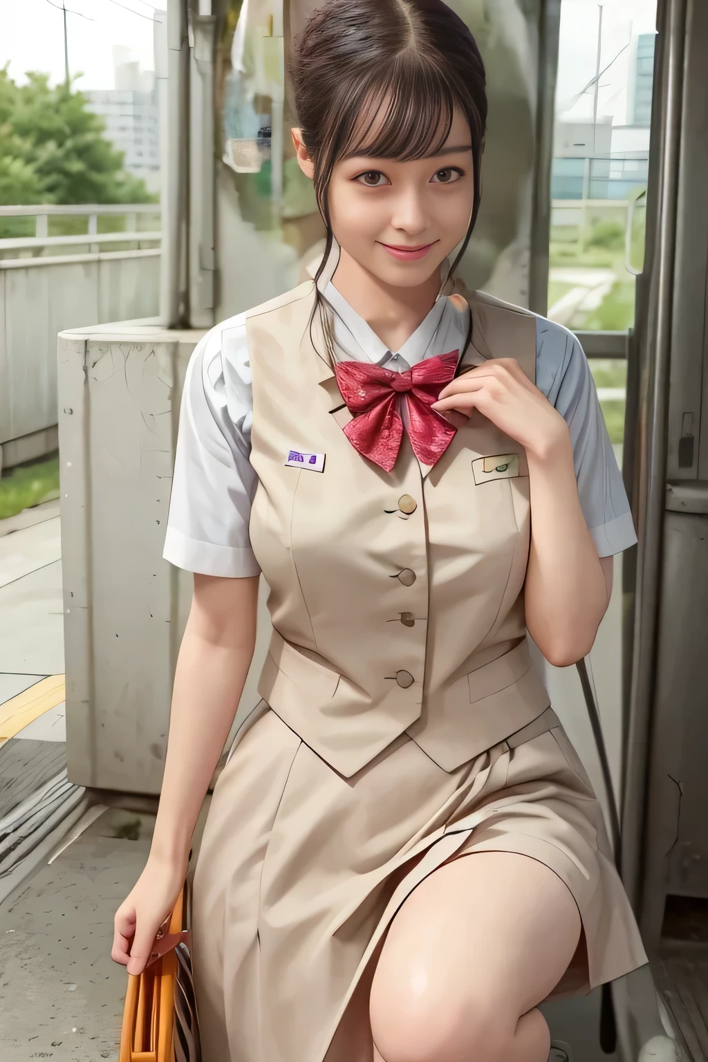 (masterpiece:1.2, top quality :1.2), 32kHDR, high res, (Alone、 1 girl)、(Rooftop of a building during the day、 professional writing that makes viewers look happy )、With the roof of the building in the background 、(Real style of JR Woman wearing train crew uniform beige)、((JR Woman Train Crew Uniform Beige light blue short sleeve 、 Knee-length culottes skirt、 beige vest、 scarf))、 dark brown hair 、( long hair、Hair tied up、Hair tied up)、 dark brown hair 、Long Hit、Big Breasts、Thin legs、(( amazing hands:2.0)),((harmonious body proportions:1.5)),((Normal limbs:2.0)),((Usually refers to:2.0)),((Delicate eyes:2.0)),((Normal eyes:2.0)))、smile、(JR Woman Train crew uniform beigeのKnee-length culottes skirtを見せた美しい立ち姿)、Hands clasped underneath