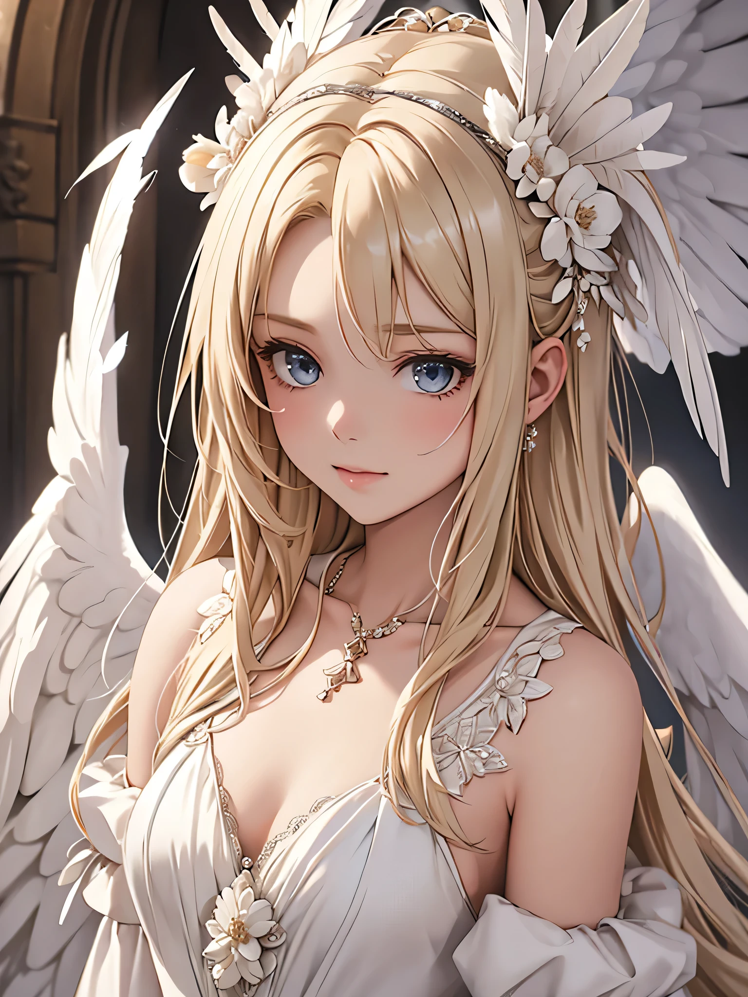 masterpiece, Angel Girl, Blonde with wings, White dress with feathers, Close-up portrait, Delicate face, Lots of feathers, silver，Small chest，flat chest