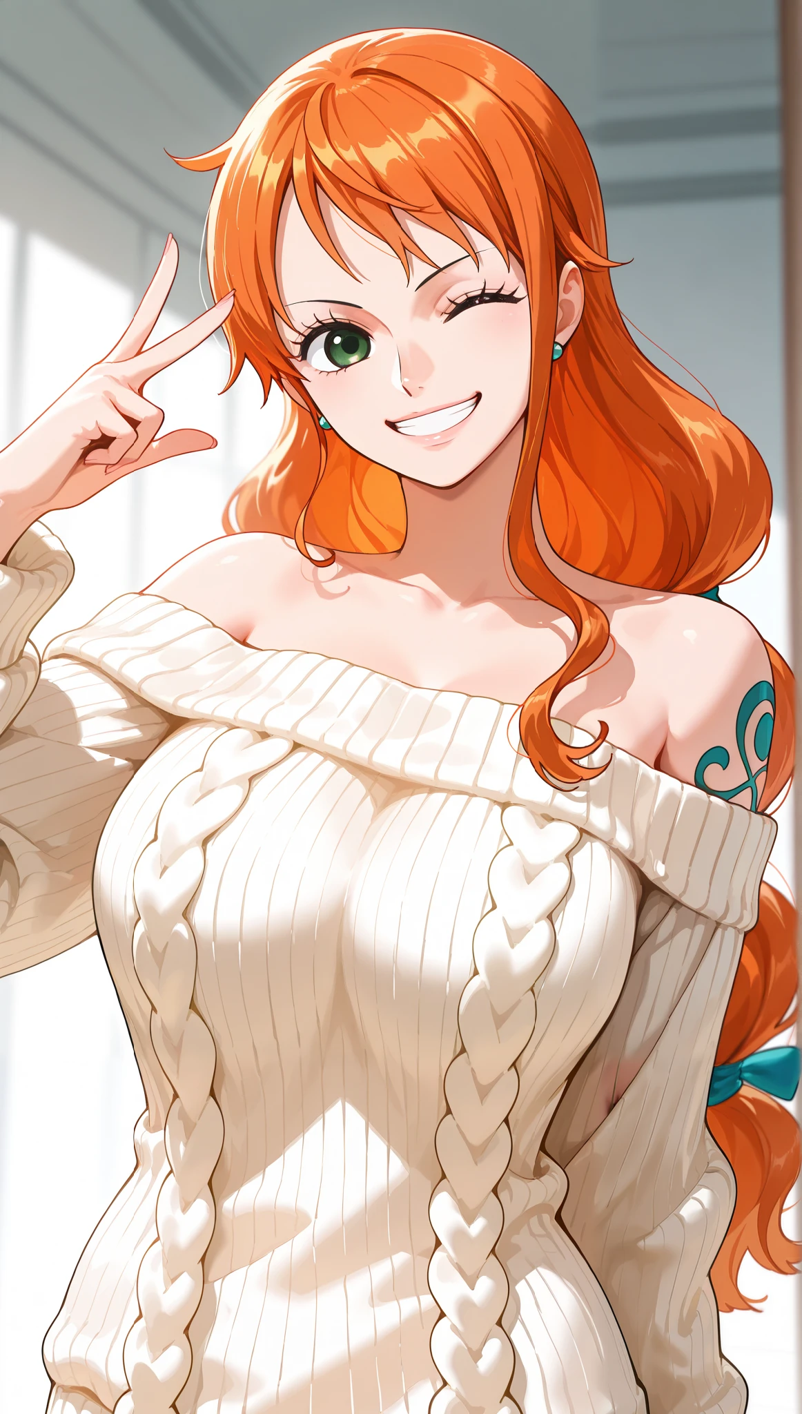 score_9, score_8_up, score_7_up, intricate details,
1girl, Nami, one piece, orange hair, slight wavy hair, low-tied long hair, green eyes, oversized knit sweater, off-shoulder, wink, grin, v 