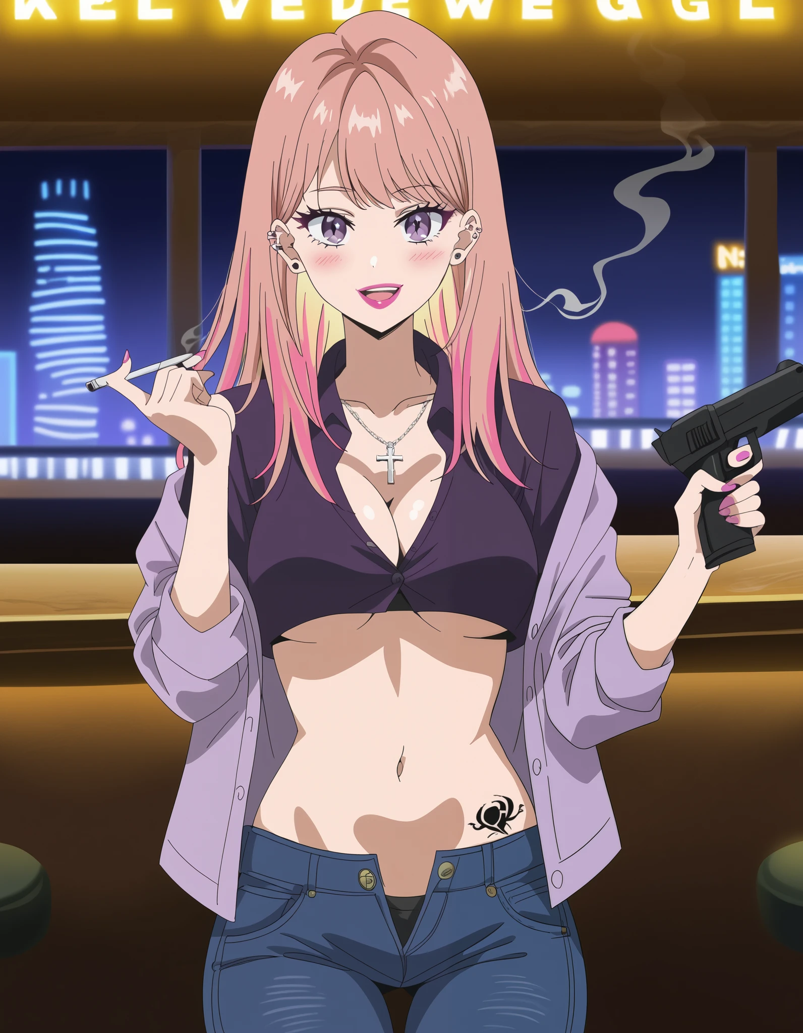 score_9, score_8_up, score_7_up, source_anime, nikoru yamana, long hair, bangs, purple eyes, pink hair, multicolored hair, two-tone hair, streaked hair, makeup, medium breasts, cross, cross necklace,, , ear piercing, long hair, blush, lipstick,Hot girl, baddie, smoking, sensual, attractive ,bar
background, inside bar,indoors, cityscape, casino, nightclub, city lights, masterpiece,high
quality,4k,belly,,holding pistol,cleavage, unbuttoned shirt, shirt, knot, indoor,smile, open mouth,
(nsfw) not safe for work, evil expression, exposed belly, exposed navel, exposed midriff, exposed
lower belly, crop top overhang, underboob,jacket, unbuttoned jeans , low rise black jeans, Low rise
jeans, Low rise jeans with open fly, tattoo belly, dragon tattoo, tattoo midriff, rose tattoo, shiny skin