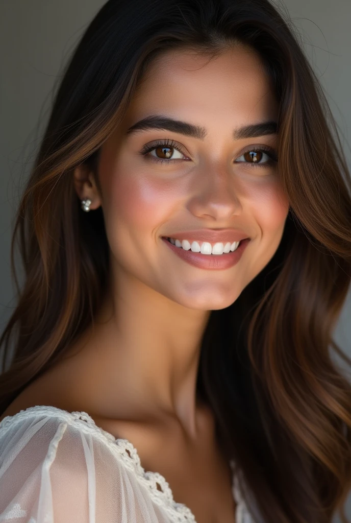 Clara Santiago is around 40 years old, with wavy light brown hair that falls delicately over her shoulders. Sus ojos son de color miel, expresando calma e inteligencia. Tiene una sonrisa gentil que ilumina su rostro. Su apariencia es elegante y profesional, with a classic but modern style, reflecting your confidence and determination.