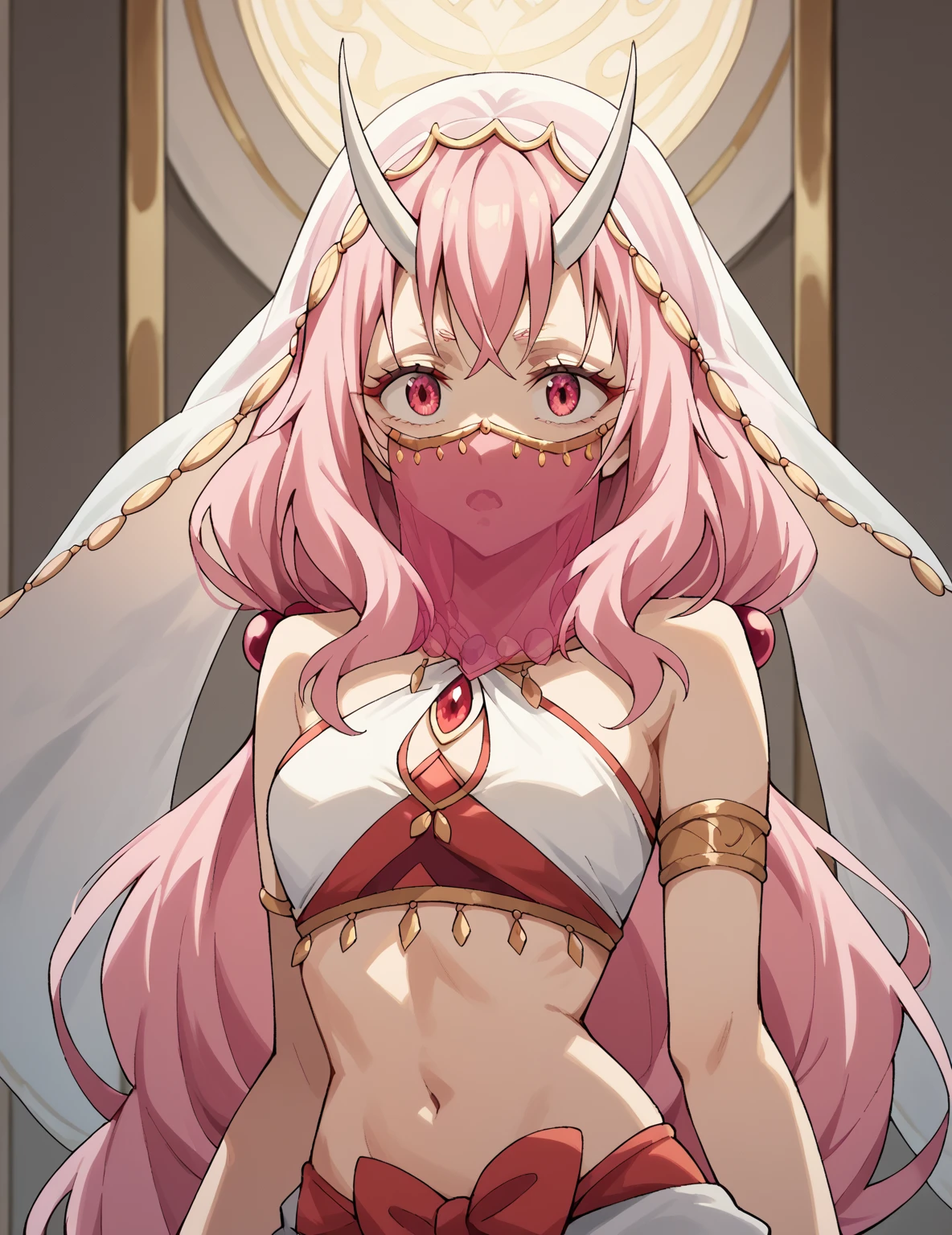 arabian clothes, dancer, mouth veil, belly dancing, veil, armlet,BREAK,
shuna, long hair, bangs, pink hair, horns, pink eyes, oni horns, oni, hair bobbles,BREAK
