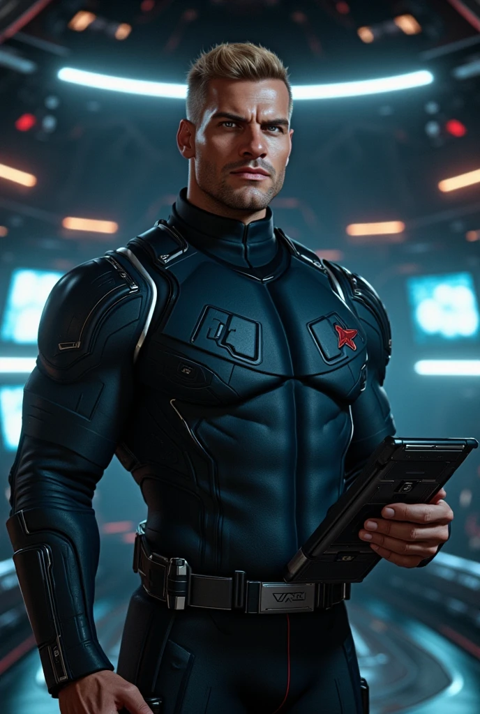 handsome man, starship captain, 195 cm tall, 37 years old, Body relief, pumped up, massive, wide strong chest, strong arms. The man has a square face with a pronounced jaw line, masculinity, short blond hair, classic haircut, blue eyes, modern space captain uniform, stands at full height in the engine room of a spaceship with a tablet in his hands, highly detailed, 8k, realistic, photorealistic, cinematic lighting, dramatic expression, epic scale, hyper detailed, intricate, precise, sharp focus, award winning digital art