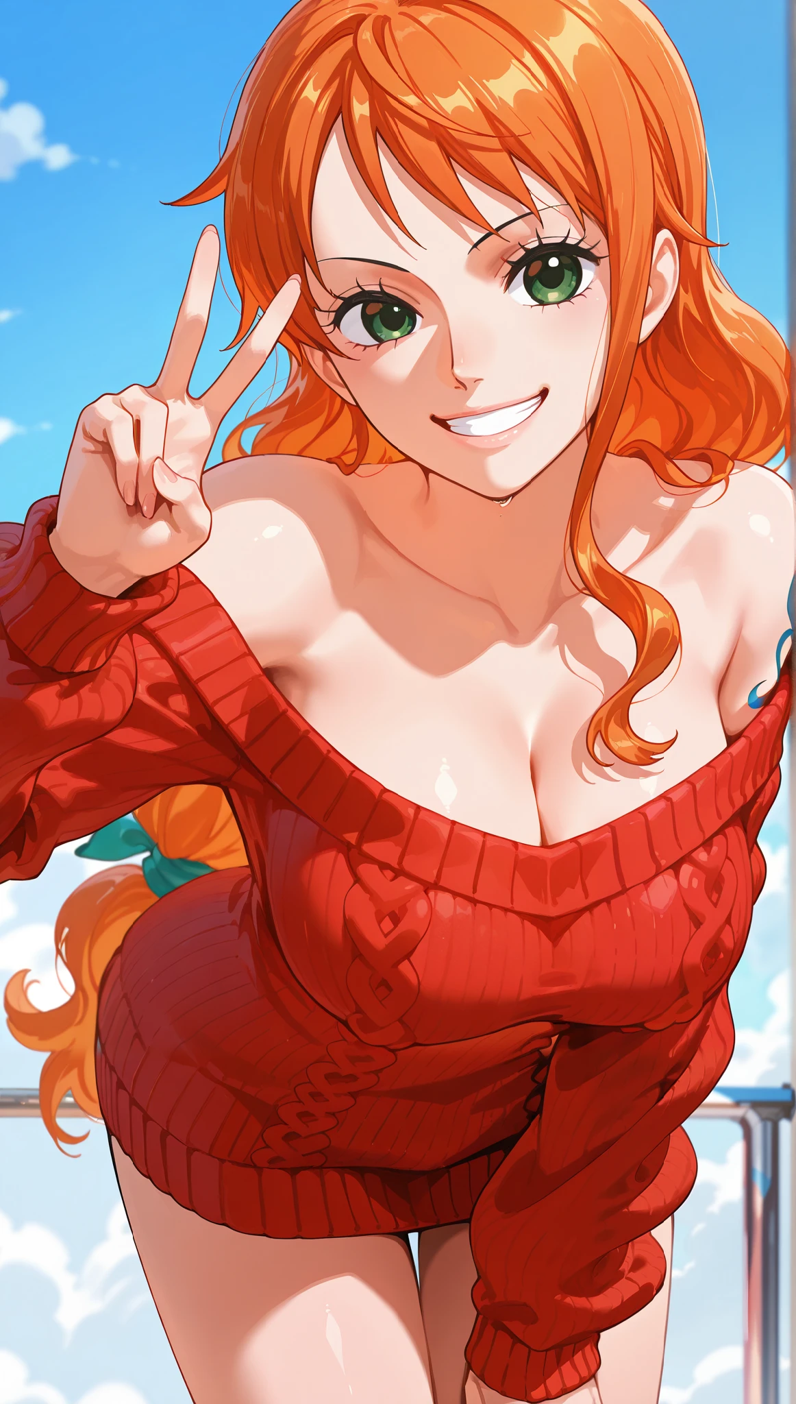 score_9, score_8_up, score_7_up, intricate details,
1girl, Nami, one piece, orange hair, slight wavy hair, low-tied long hair, green eyes, oversized red knit sweater, off-shoulder, wink, grin, v, cowboy shot, leaning forward