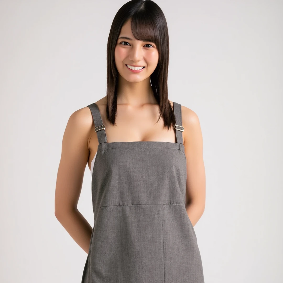 ((( top quality, very detailed, Masterpiece , very detailed,realistic,real person,Ultra detailed skin))) ,simple background, from front, medium shot, upper body, looking at viewer , light smile, (standing), arms behind back, black hair, medium hair, medium breasts, cleavage, ((naked apron))