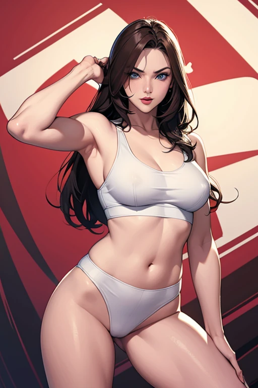 A white girl, with black hair, short with a ponytail, is in a room, sitting on a sofa. She wears transparent white lingerie. She looks at the photo with a sensual face, biting the lips, while placing your hands on your breasts. . she is sitting, with her legs wide open and her lips are red. The photo focuses well on her crotch. She has defined abs and thick thighs.