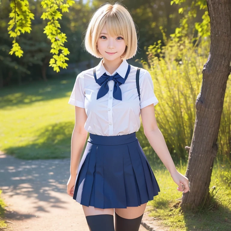 (8k、RAW Photos、Highest quality、masterpiece:1.2),(Spread your legs a little,Spread your legs a little:1.3),(Very short blonde bob cut:1.3),Looking away,Facing in a different direction、Front view,erotic,White skin,(White panties),masterpiece,Highest quality、Ultra-high resolution,One person, One personで,whole body,high school girl,Japanese women、(Realistic:1.37)、Photon Mapping,Realistic、(Cute Face、Round face: 1.4)、Baby Face、Attractive face、Blushing、(Red tie)、Radio City、Physically Based Rendering、prospect、Written boundary depth、Blurred Background,Beautiful legs, Nose Soft,(Light blue shirt), (navy, Short sleeve、Blue and white checked pleated skirt), I can see your knees,(Thigh close-up:1.3),Nogizaka Idol, , Japanese Ido、Small, flat chest、whole body写真、Super Definition、Sit on the steps and spread your legs slightly apart、White loose socks、Brown leather shoes、Outdoor stairs、Blonde banguscles