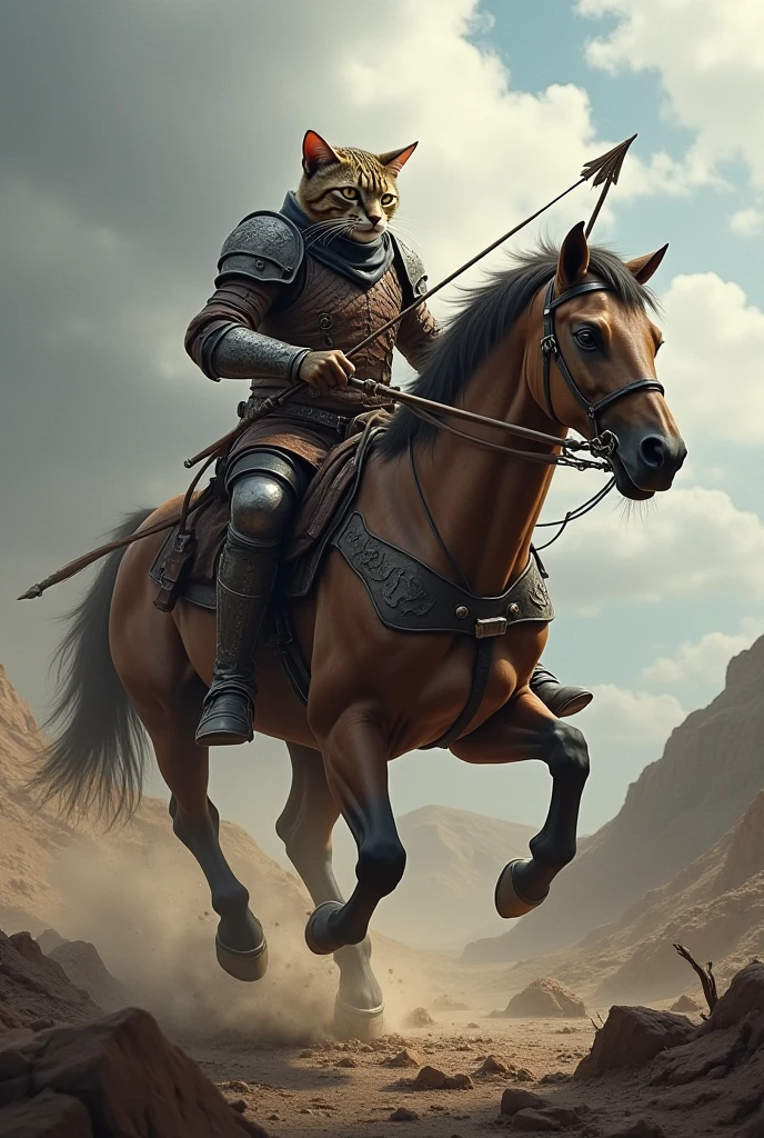 make a picture of a cat in war clothes while riding a horse carrying an arrow