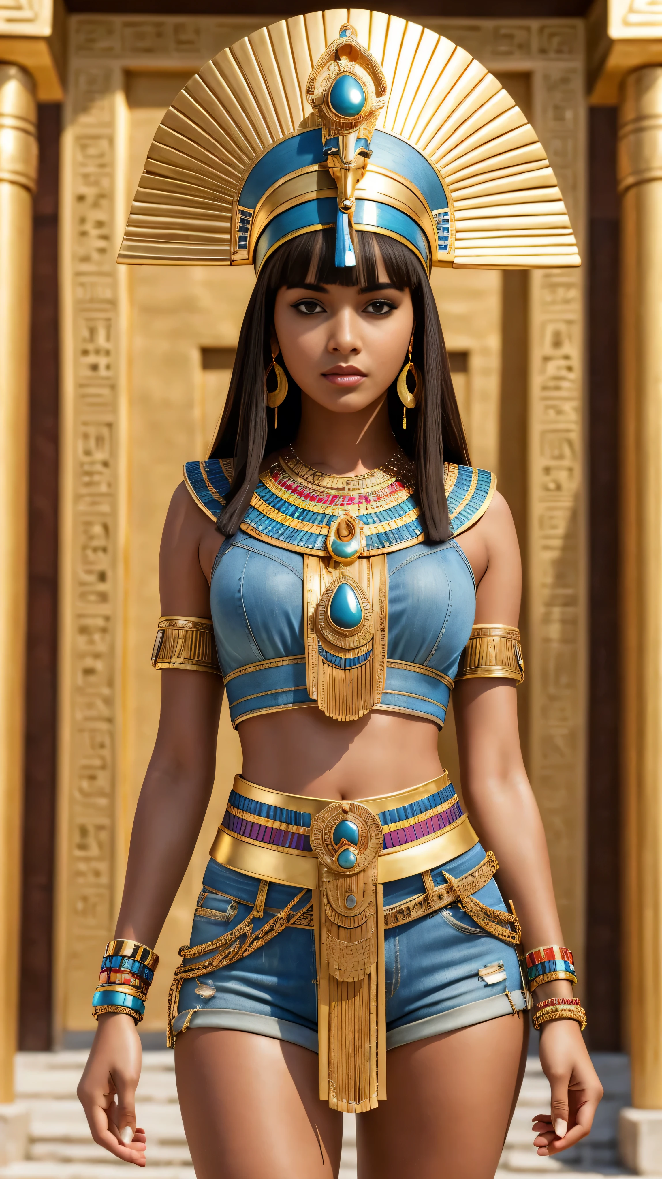 Very beautiful queen Cleopatra in slavery, modern girl model, brunette, Italian type of face, brown eyes, very dark tanned skin, Cleopatra's hairstyle, bob hairstyle with straight bangs, summer makeup, image of modern Cleopatra, very beautiful slender figure, Cleopatra is dressed in a short-sleeved T-shirt and very short denim micro-shorts with a belt, massive bracelets on her arms, hands handcuffed and shackled, long slender tanned legs, Cleopatra poses seductively, Cleopatra is punished, hyperrealism, bright colors, highest quality, Cleopatra in the style of Daisy Dukes, sexy, Ancient Egypt