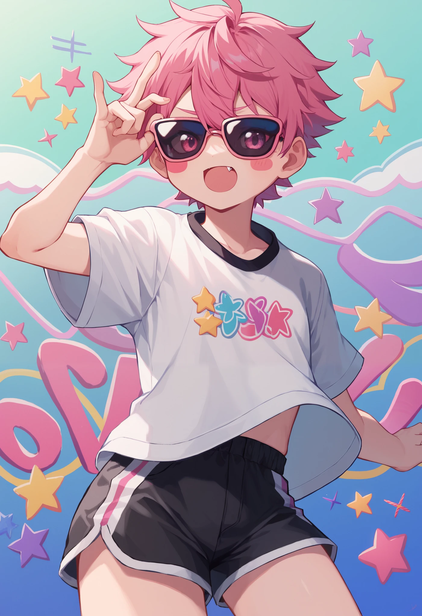 Score_9,score_8_up,score_7_up, muse_style, 1girl, solo,  mesugaki,:3,bunches,curvy,looking at viewer,blush stickers,colored sclera,pink hair,fang out,sports sunglasses,loose clothes,shorts,sprinkles,happiny,cartoonized,graffiti,pink theme,gradient background,