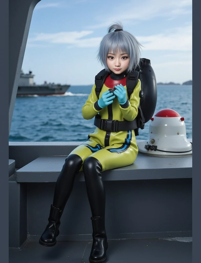 A documentary photo, Photo-realistic, ultra-realistic, (Japanese beautiful young woman, famous Japanese idol, boyish cool face:1.3), wetlook rubberish yellow clothes,, she is a military diver of Japan navy, experienced military diver, wearing a professional wetsuits for military diver with professional scuba equipment, She is on a shlre, She is preparing to scuba dive for a lifesaving mission, there is a large battle ship behind her,, Natural Makeup, boyish face ,Front View:1.21, Perfect Anatomy:1.21, Small head:1.21, Slender body:1.37, Narrow waist:1.5, Thin limbs:1.5, Flat Chest:1.5, Anatomically correct limbs, Diving Suits drysuits (high smooth turtleneck collar), Fully equipped for diving, Very cute Japanese woman, Brown Hair, Chignon Hair, woman holds oval scuba mask, Calm sea in qinter, Dynamic and emotional movie lighting, 