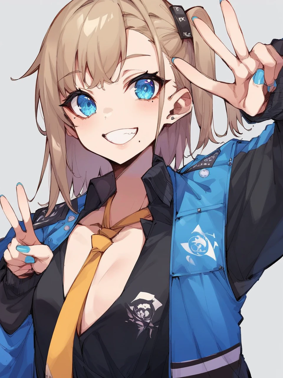  1 girl,Kasukabe Tsumugi, blue eyes, light brown hair,one side up, eyelash , mole under eye,Eyebrows seen through hair, nail polish,tooth, small breasts, viewers,  shirt,black  shirt, viewers, ties, miniskirt,smile, jacket, standing,V sign, The cowboy shot, 
masterpiece,  top quality ,  very aesthetic,  absurd,close-up, 