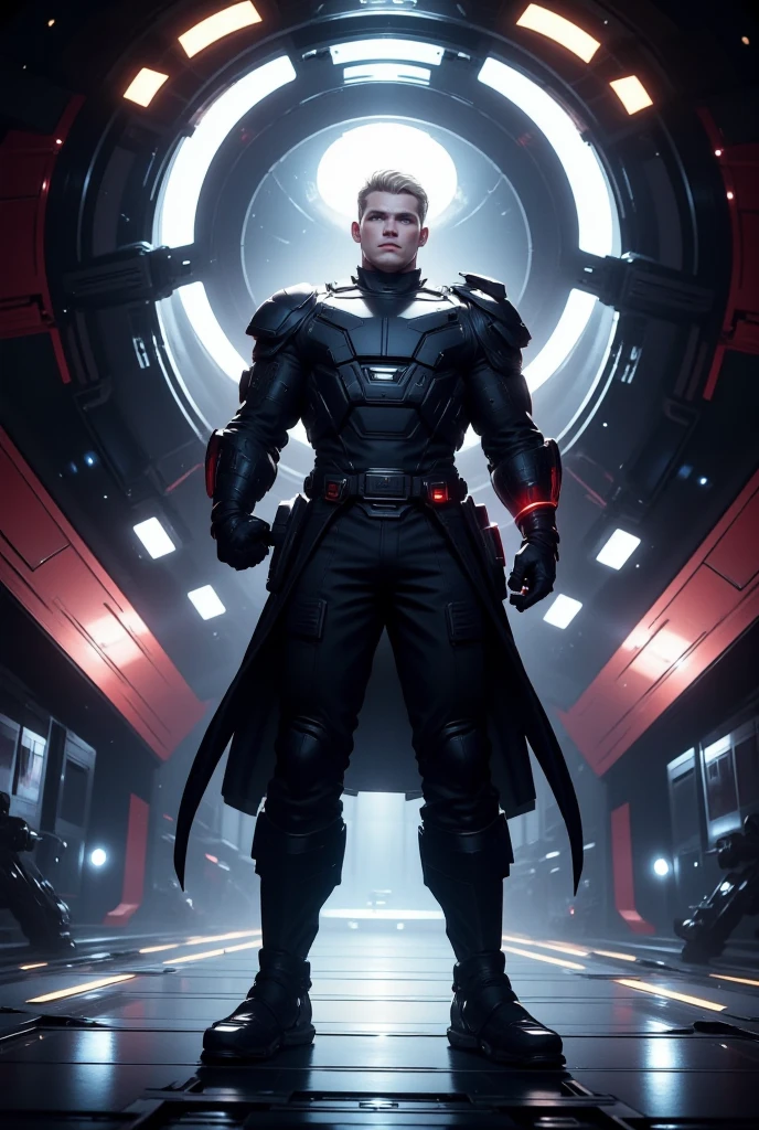 handsome man, starship captain, 195 cm tall, 37 years old, Body relief, pumped up, massive, wide strong chest, strong arms. The man has a square face with a pronounced jaw line, masculinity, short blond hair, classic haircut, blue eyes, modern space captain uniform, stands at full height in the engine room of a spaceship with a tablet in his hands, highly detailed, 8k, realistic, photorealistic, cinematic lighting, dramatic expression, epic scale, hyper detailed, intricate, precise, sharp focus, award winning digital art