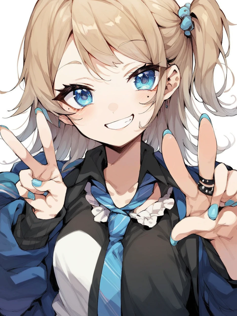  1 girl,Kasukabe Tsumugi, blue eyes, light brown hair,one side up, eyelash , mole under eye,Eyebrows seen through hair, nail polish,tooth, small breasts, viewers,  shirt,black  shirt, viewers, ties, miniskirt,smile, jacket, standing,V sign, The cowboy shot, 
masterpiece,  top quality ,  very aesthetic,  absurd,close-up, 