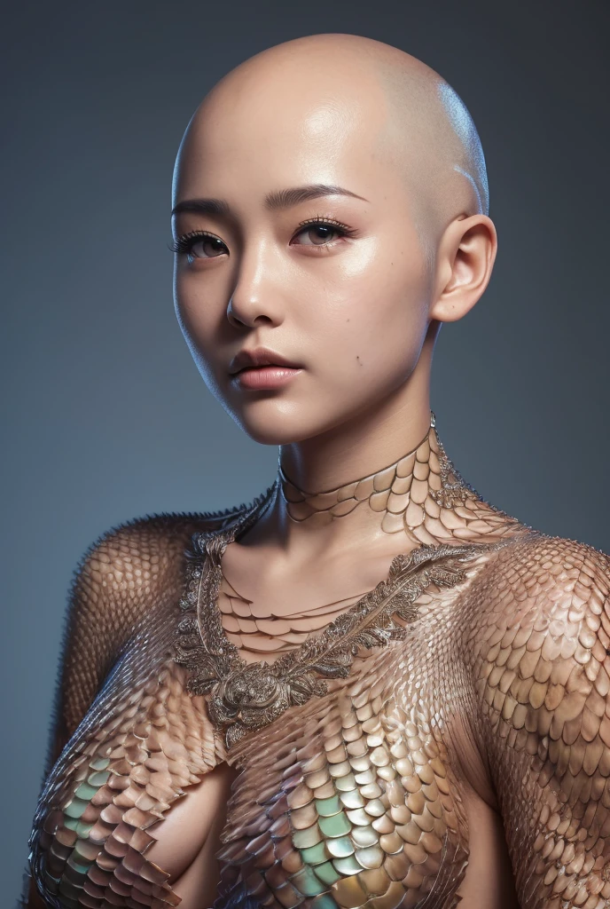 masterpiece, best quality, ultra-detailed, intricately detailed hyperdetailed, realistic, sharp features, Japanese women、Every skin is perfectly scales、Scaly skin、A woman whose whole body is scaly、bald、 skinhead、(( no eyebrows))、 sexy poses、