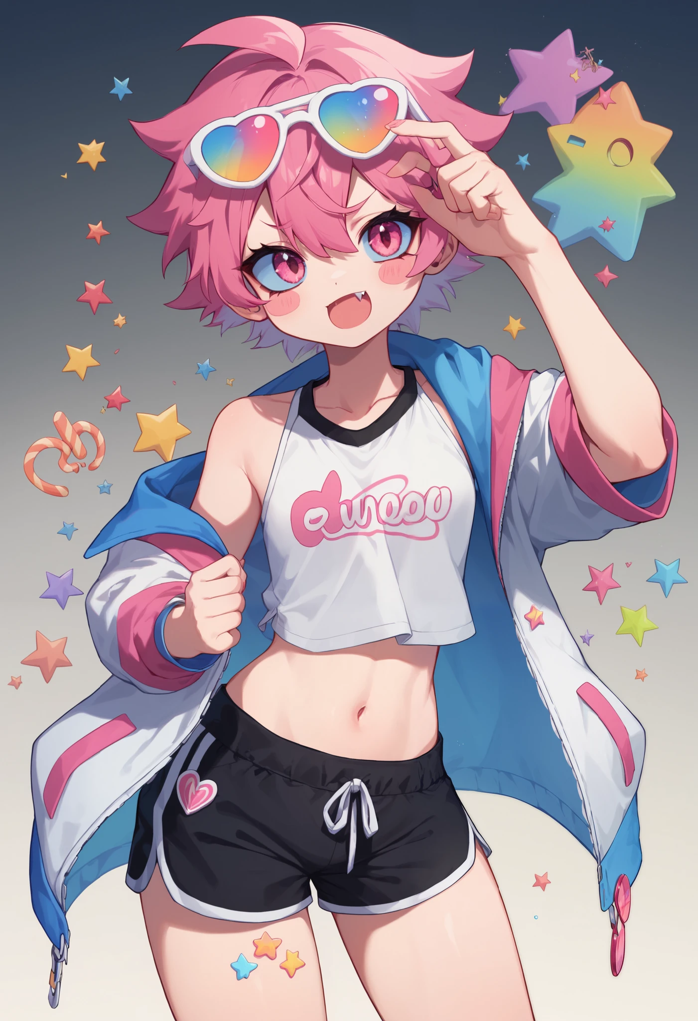 Score_9,score_8_up,score_7_up, muse_style, 1girl, solo,  mesugaki,:3,bunches,curvy,looking at viewer,blush stickers,colored sclera,pink hair,fang out,sports sunglasses,loose clothes,shorts,sprinkles,happiny,cartoonized,graffiti,pink theme,gradient background,