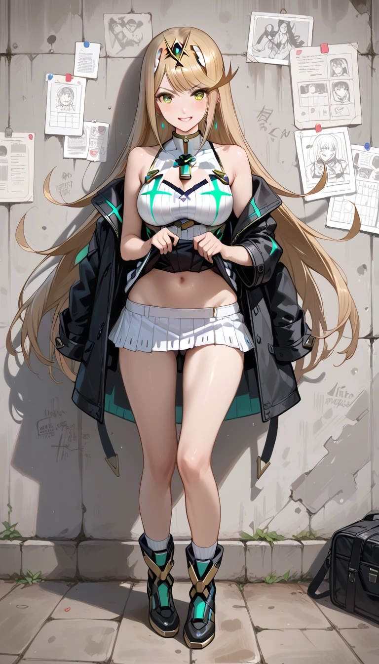 highres,best quality,1girl,japanese face,smile,Camisole with ruffled hem and mini skirt,black coat,duffel coat,short socks,thin thighs,boots,blunt bangs,long hair,
wall background,full body,
LIFT UP SKIRT, skirtlift, mythra \(xenoblade\), 1girl, yellow eyes, swept bangs, long hair, very long hair, blonde hair