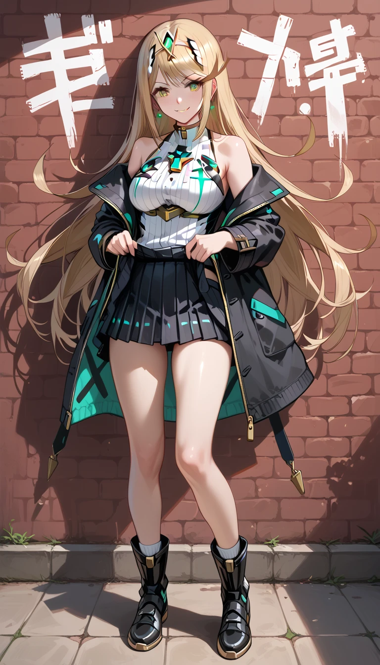 highres,best quality,1girl,japanese face,smile,Camisole with ruffled hem and mini skirt,black coat,duffel coat,short socks,thin thighs,boots,blunt bangs,long hair,
wall background,full body,
LIFT UP SKIRT, skirtlift, mythra \(xenoblade\), 1girl, yellow eyes, swept bangs, long hair, very long hair, blonde hair