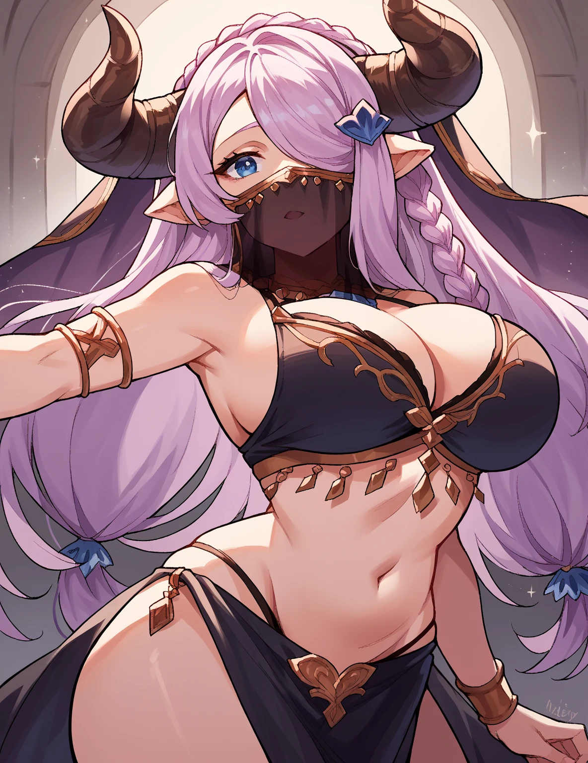 arabian clothes, dancer, mouth veil, belly dancing, veil, armlet,BREAK, 
score_9, score_8_up, score_7_up, score_6_up, source_anime, 1girl, solo defNmya, horns, pointy ears, braid, lavender hair, long hair, blue eyes, hair over one eye, hair ornament, huge breasts, looking at you, BREAK,