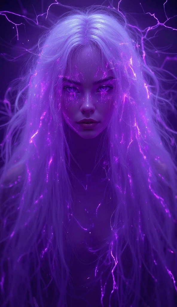 (A semirealistic omnipotent girl : 1.5),(super long white translucent hair with a pink highlight extending all the way to her toes : 1.4),(super badass)(her hair also have neon purple lightning patterns : 2.1) (hyper powerful),neon purple bold lines all over her body and face  : 2.0,(( dark long metalic claws with a purple lines glowing effect)),(purple aura flowing horizontally from the eyes uptill her shoulders : 1.3 )) , full body floating in air 3.1, (rage pose 1.2) , ( dim lighting 1.3), radiant glow 1.1), medium sized breasts, super white fair glowing radiant skin , highly detailed  solo leveling manhwa art style , ultra dark background so that only puple glow is visible 