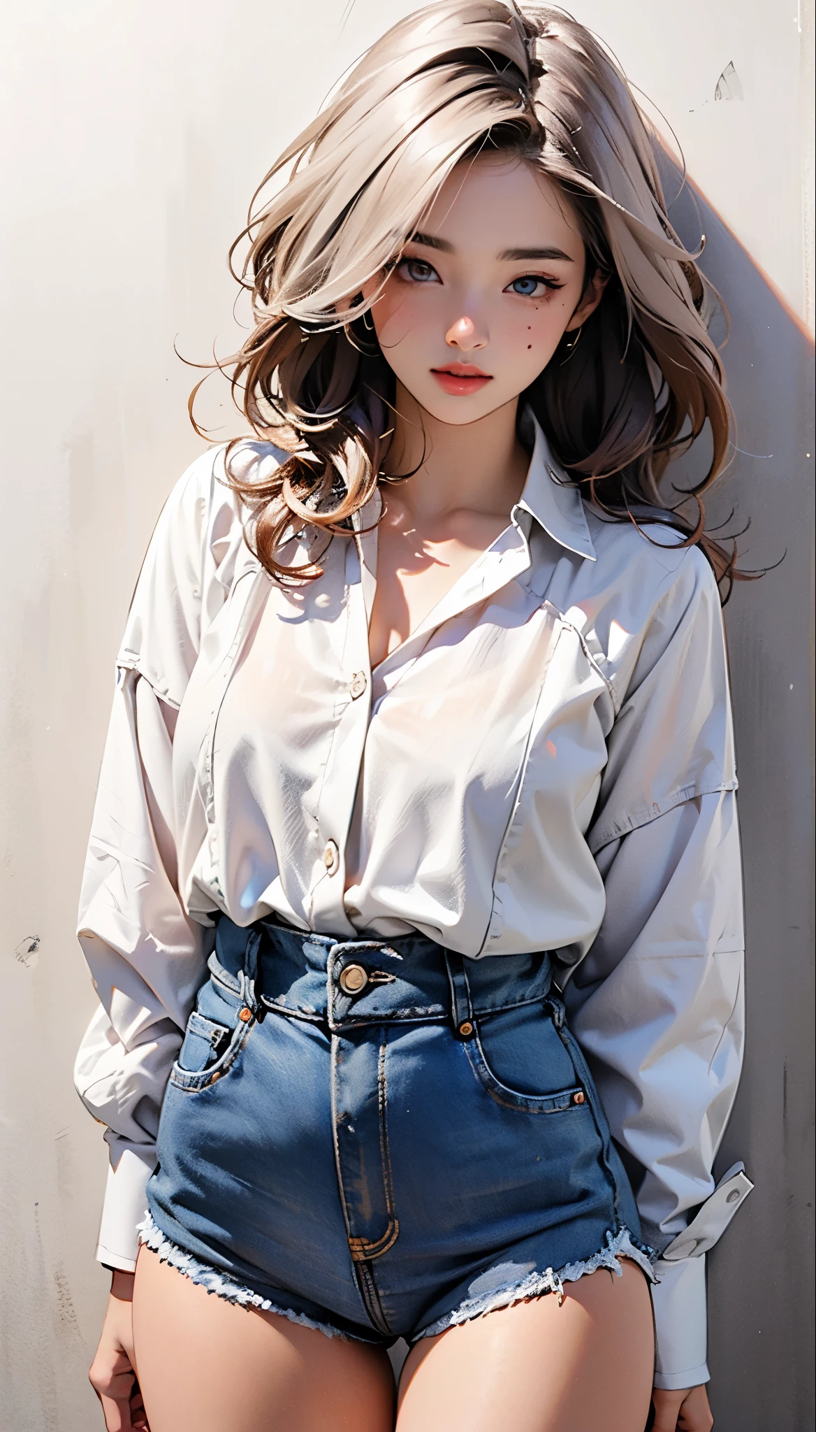  realistic ,  high res,  1 girl,  White Wavy Hair , Korean,  heterochromic eye ,  small mole under eye , loose white shirt,  skinny denim shorts,  Big Breasts , Thighs,  masterpiece showing panties,  realism