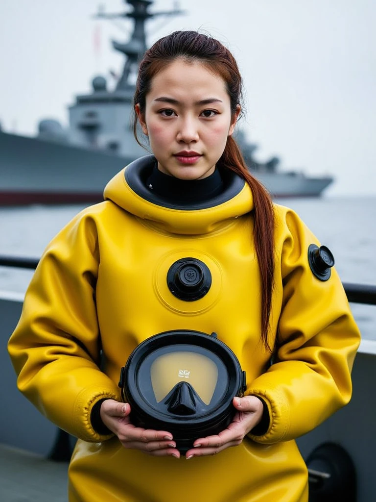 A documentary photo, Photo-realistic, ultra-realistic, (Japanese beautiful young woman, famous Japanese idol, boyish cool face:1.3), wetlook rubberish yellow clothes,, she is a military diver of Japan navy, experienced military diver, wearing a professional wetsuits for military diver with professional scuba equipment, She is on a shlre, She is preparing to scuba dive for a lifesaving mission, there is a large battle ship behind her,, Natural Makeup, boyish face ,Front View:1.21, Perfect Anatomy:1.21, Small head:1.21, Slender body:1.37, Narrow waist:1.5, Thin limbs:1.5, Flat Chest:1.5, Anatomically correct limbs, Diving Suits drysuits (high smooth turtleneck collar), Fully equipped for diving, Very cute Japanese woman, Brown Hair, Chignon Hair, woman holds oval scuba mask, Calm sea in qinter, Dynamic and emotional movie lighting, 