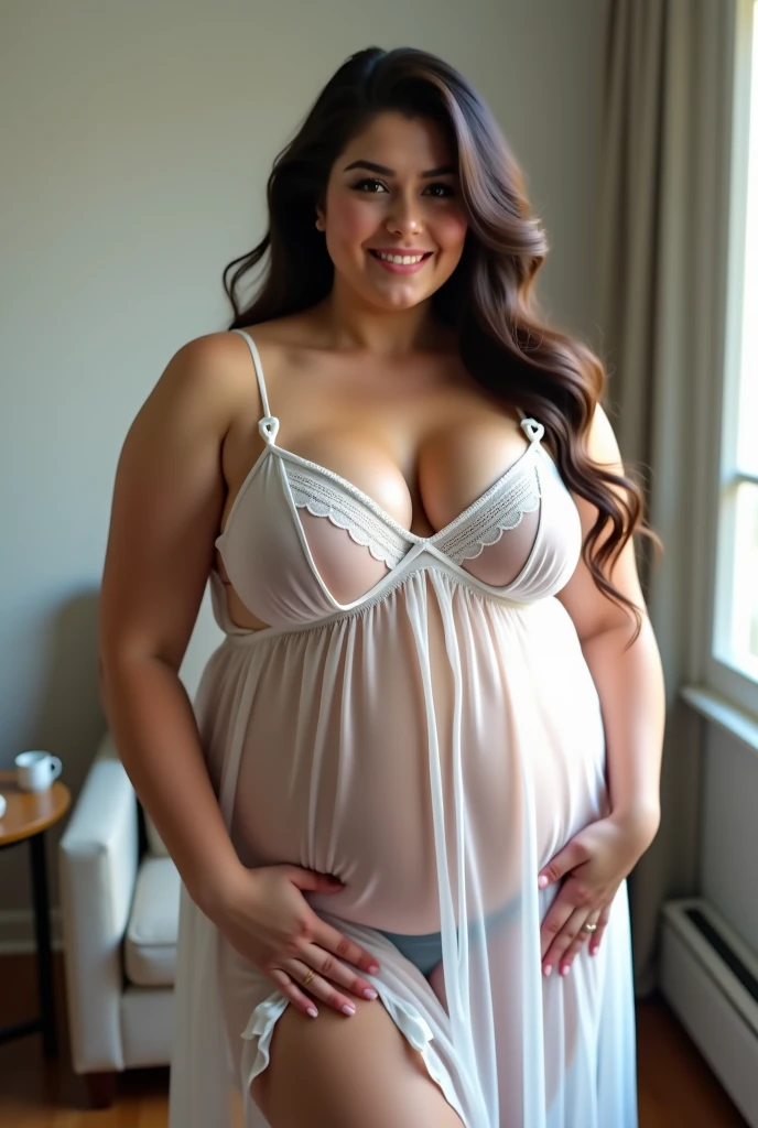 A fat chubby overweight ssbbw latina wearing lingerie standing outside her house
