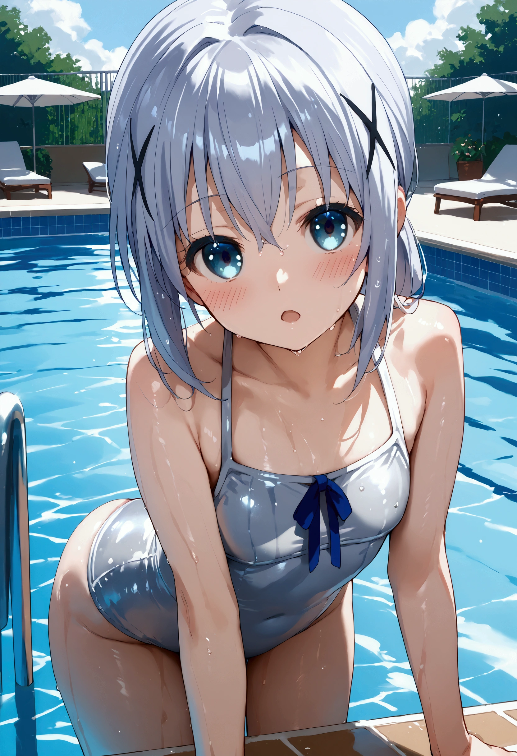 score_9, score_8_up, score_7_up, source_anime,Chino Kafuu,x hair ornament,swimsuit, pool,blush,cowboy shot,wet,bent over,sexy,open mouth,looking at viewer, silver swimsuit