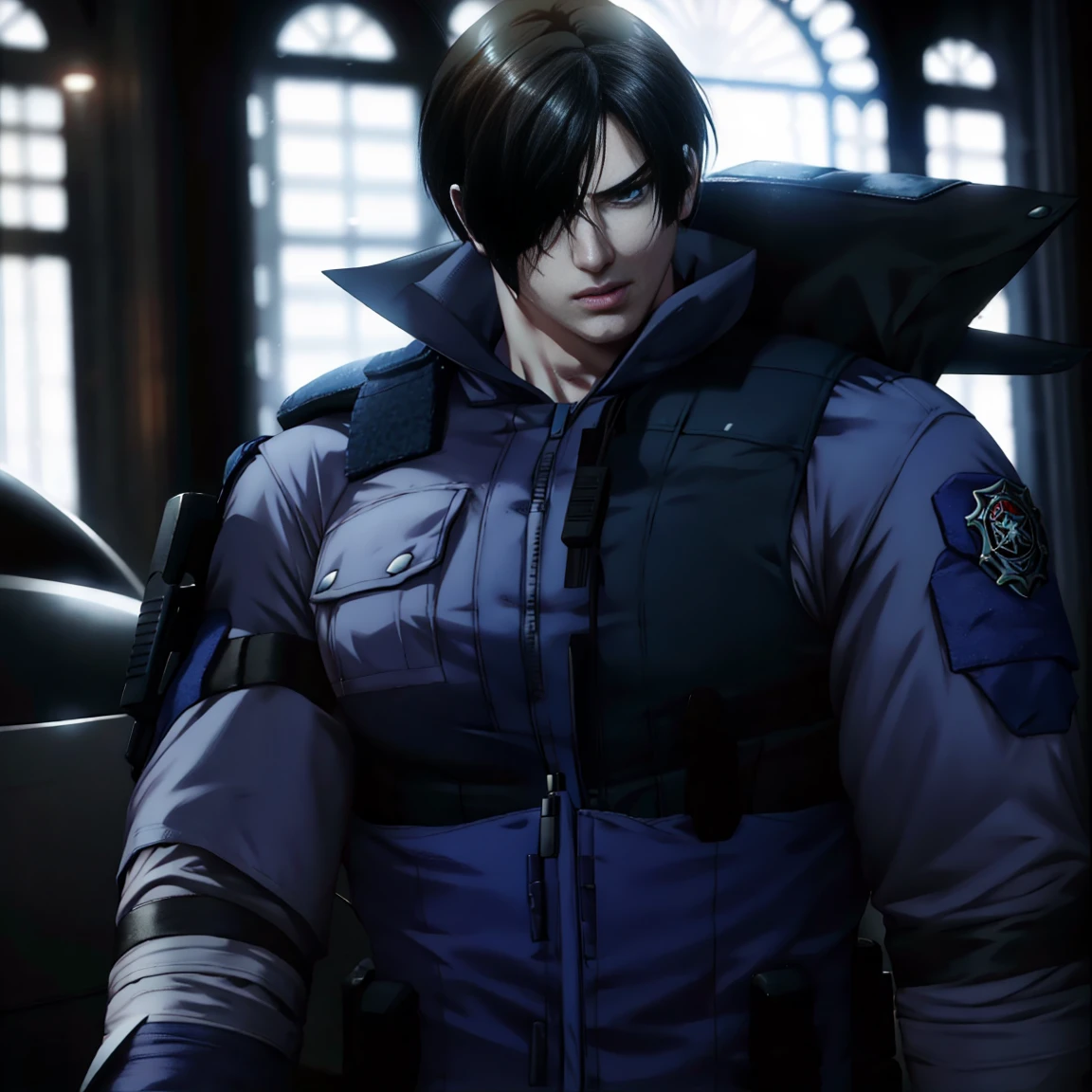 Leon S. Kennedy has a beautiful body, SWAT Clothing, Handsome and cool young man, Slim and muscular,Semen splashed on face、Looks frustrated