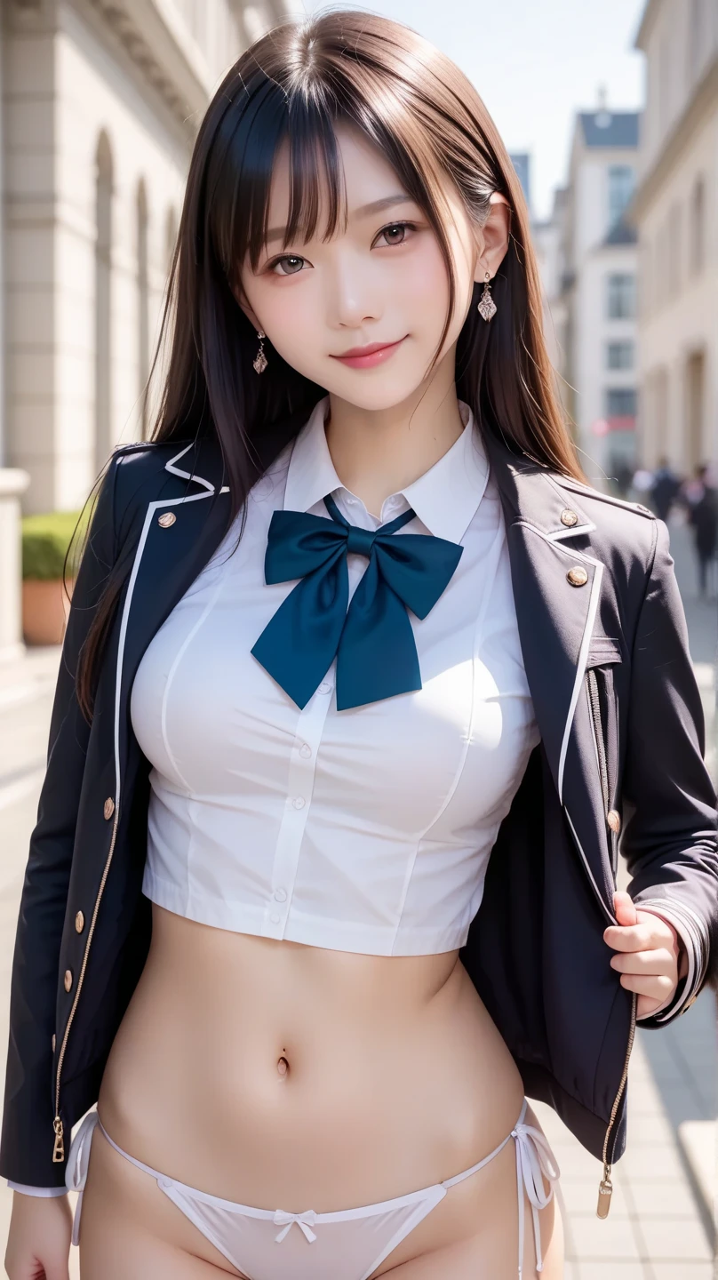 ((smile))、Confused、RAW Photos、(((The ultimate portrait masterpiece)))、((The cutest girl in the world))、1 girl、12 years old、Japanese、Cute Face、((Silky Hair))、(A high ponytail tied with a ribbon:1.4)、((Super huge breasts:1.4))、((Eyes that shine like jewels))、Glowing Skin、(young woman;A school uniform consisting of a transparent white shirt, Thin ribbon, blazer, Checkered pleated skirt.:1.5)、Winter clothes、(Uniforms made from high-quality fabrics:1.4)、Ultra-detailed uniforms、(She shyly pulls up her skirt:1.3)、(Lace panties are visible.:1.3)、((Crotch from the front))、A skirt fluttering in the wind、eyeliner、Beautiful Bangs、Hair between the eyes、((solve、High resolution))、Detailed Background、8KUHD、Digital SLR、Soft Light、high solve、Film Grain、Fujifilm XT3、Shallow depth of field、自然なSoft Light、Narrow waist,(Beautiful girl with sparkling eyes:1.3),(A big bust that seems to burst:1.4),(Cleavage:1.4)