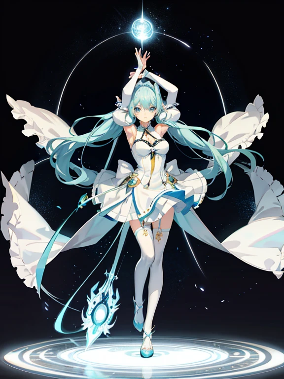 anime， female， lightblue hair， The eye， long whitr hair， pony tailposed huge cleavages， Maid long dress，longer sleeves，White over-the-knee stockings， One-legged， skinny legs，stand on one leg，uncovered shoulders， clavicle， sitted， Arms up， looking at viewert， in building，only one leg，One-legged goddess，Inspired by fictional reasoning