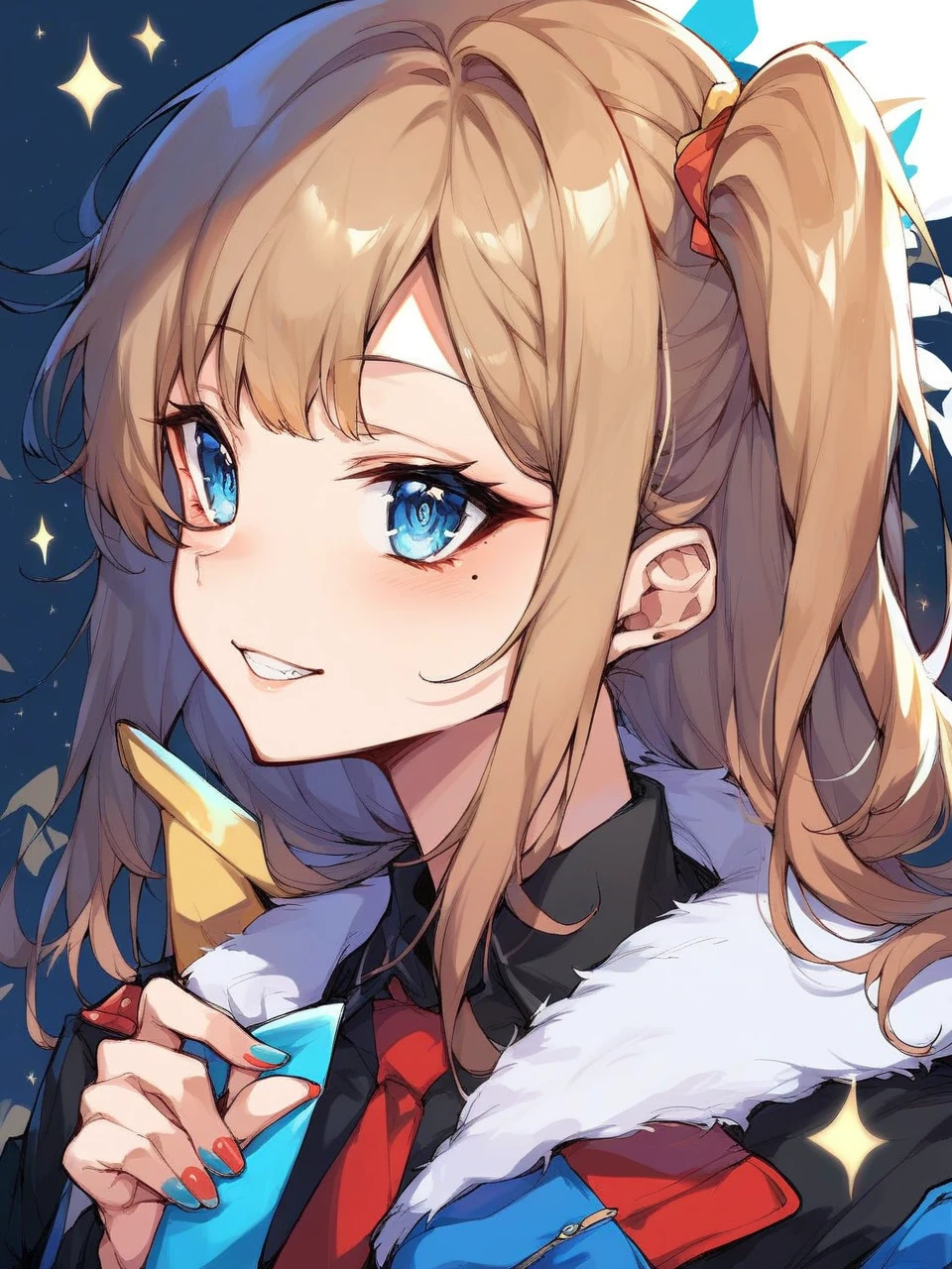  1 girl,Kasukabe Tsumugi, blue eyes, light brown hair,one side up, eyelash , mole under eye, nail polish,tooth,
  black shirt  , ties, miniskirt, jacket,The cowboy shot, 
  character profile  , portrait, from side, 
masterpiece,  top quality ,  very aesthetic,  absurd,close-up, 