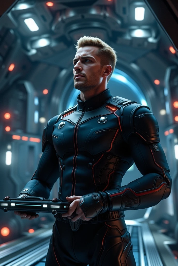 handsome man, starship captain, 195 cm tall, 37 years old, Body relief, pumped up, massive, wide strong chest, strong arms. The man has a square face with a pronounced jaw line, masculinity, short blond hair, classic haircut, blue eyes, modern space captain uniform, stands at full height in the engine room of a spaceship with a tablet in his hands, highly detailed, 8k, realistic, photorealistic, cinematic lighting, dramatic expression, epic scale, hyper detailed, intricate, precise, sharp focus, award winning digital art