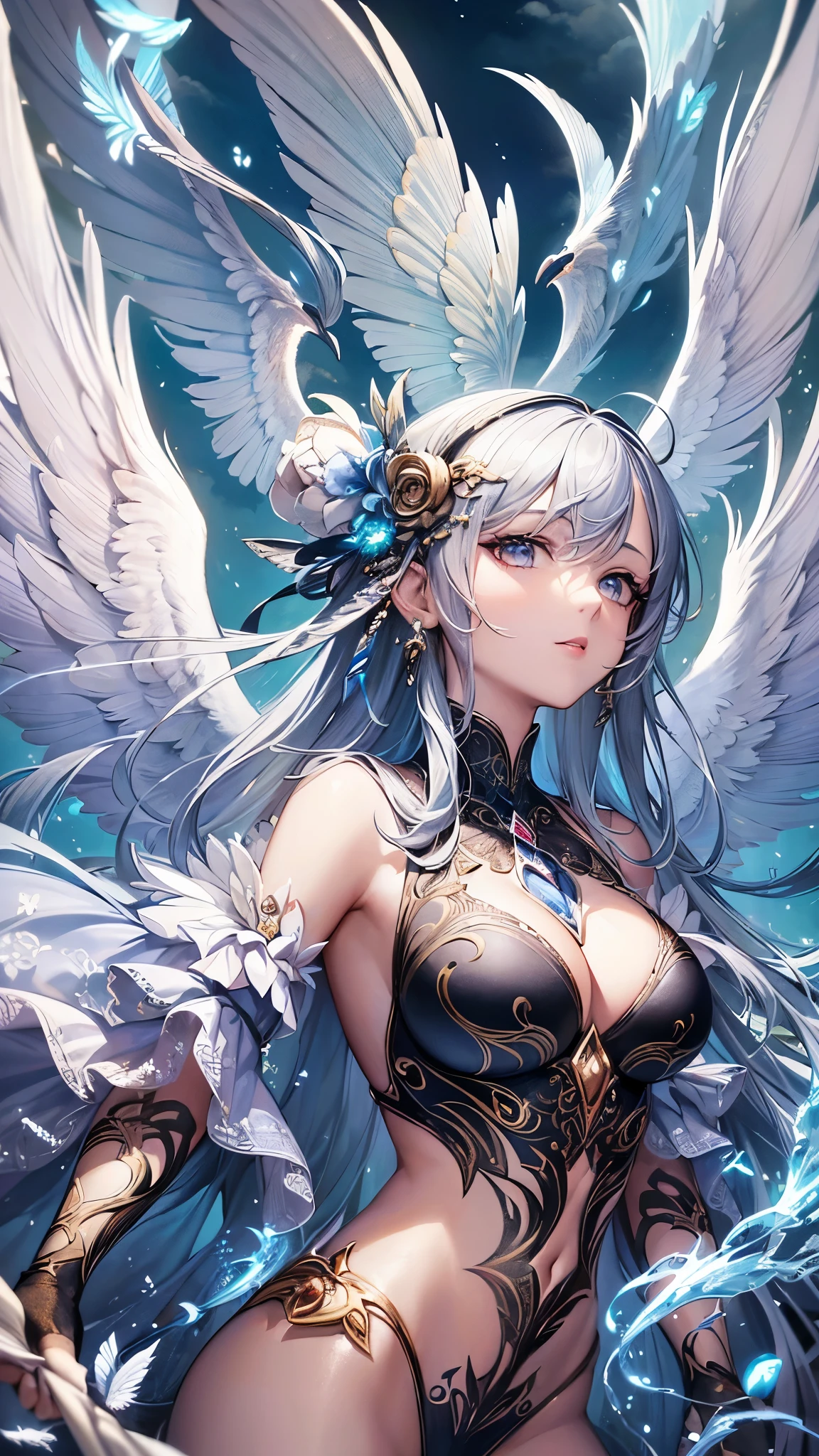 In a mesmerizing artistic portrayal, a stunningly alluring harpy gracefully unfurls her velvety wings, delicately concealing her otherwise bare form. The enchanting creature captivates the viewer with her ethereal beauty and enthralling presence. Brilliantly captured in a vivid and high-quality cinematic image, the intricate details of the harpy's every feather and sinew are brought to life, showcasing her flawless contours and the mesmerizing interplay of light and shadow. This exquisite artwork masterfully combines raw sensuality with an air of enchantment, evoking a sense of wonder and awe in those fortunate enough to behold it.