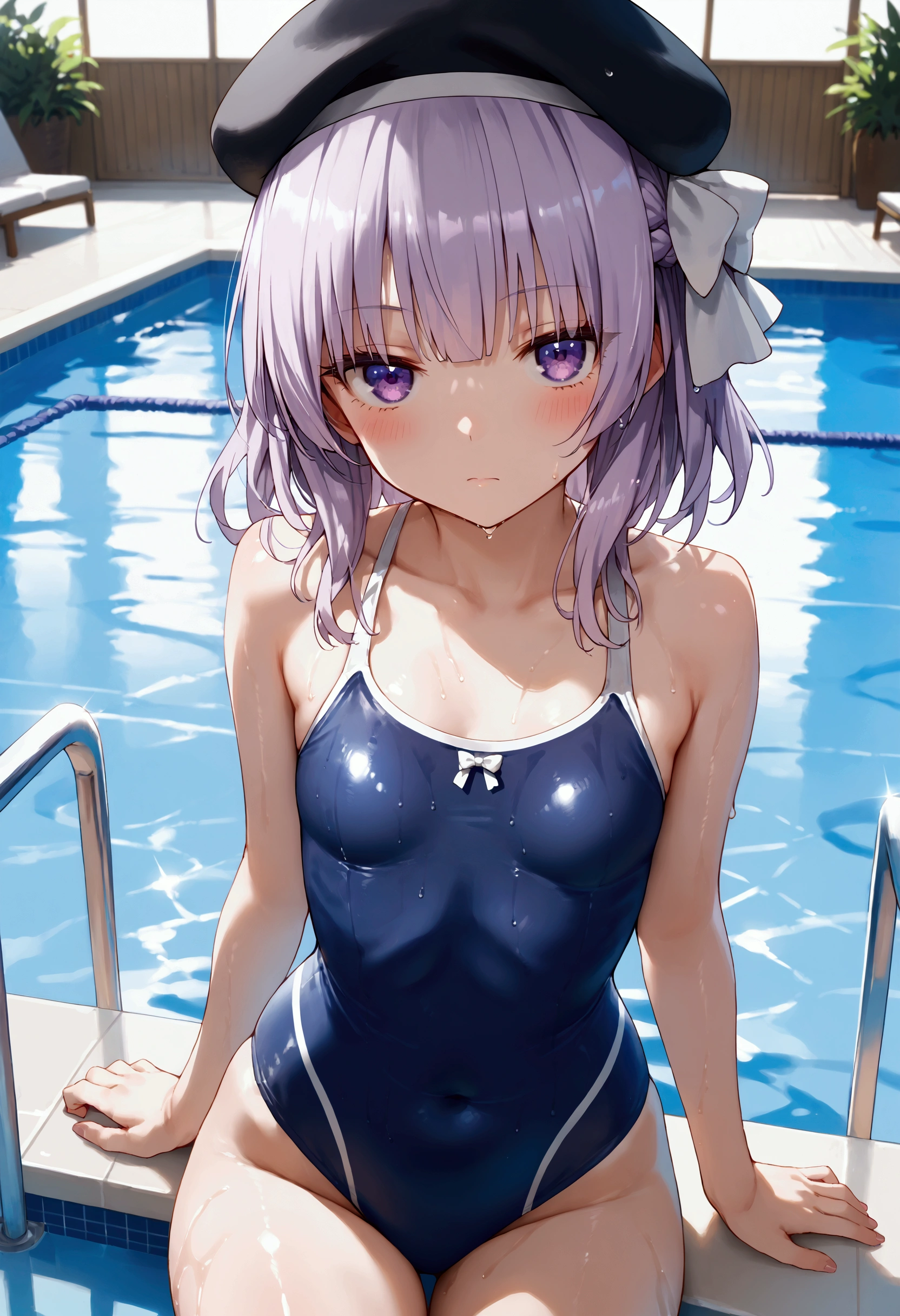 fern, purple eyes, bright pupils, white pupils, purple hair, long hair, blunt bangs, hime cut, sidelocks, one-piece swimsuit, sexy pose, blush, shy, Pose seductively, Posing provocatively, Wet body, pool, night, looking at viewer, Body tingling, Beautiful view, good atmosphere, Thigh