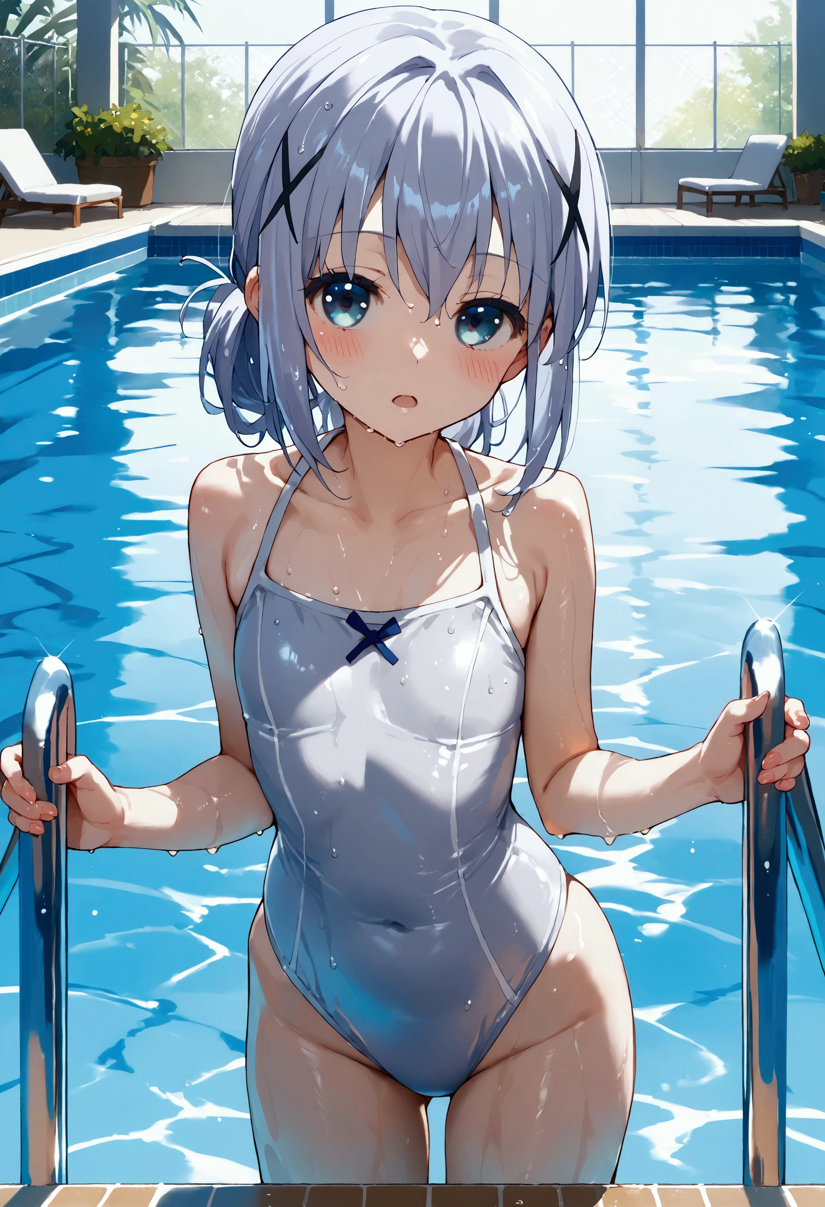 score_9, score_8_up, score_7_up, source_anime,Chino Kafuu,x hair ornament,swimsuit, pool,blush,cowboy shot,wet,sexy,open mouth,looking at viewer, silver swimsuit