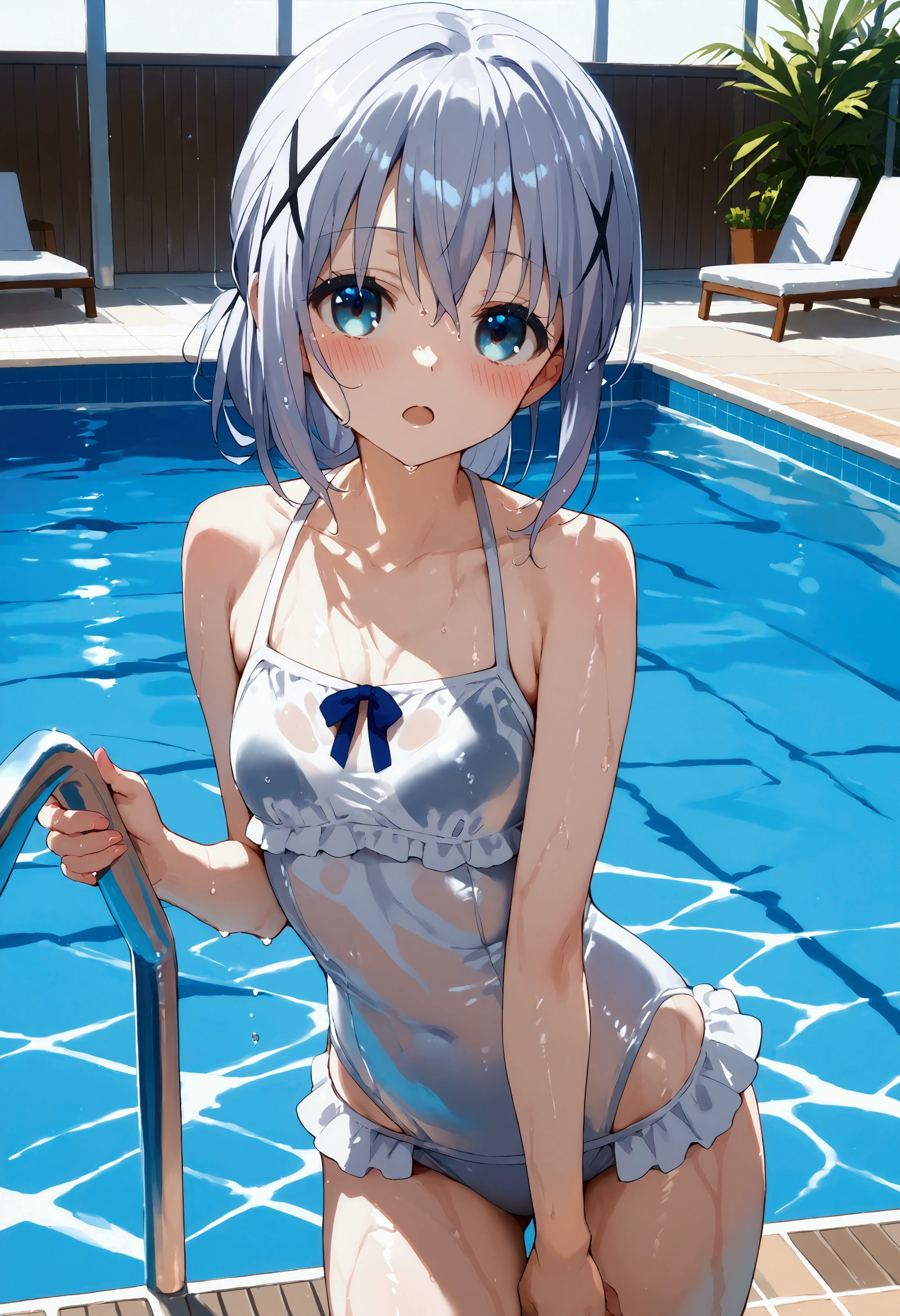 score_9, score_8_up, score_7_up, source_anime,Chino Kafuu,x hair ornament,swimsuit, pool,blush,cowboy shot,wet,sexy,open mouth,looking at viewer, silver swimsuit