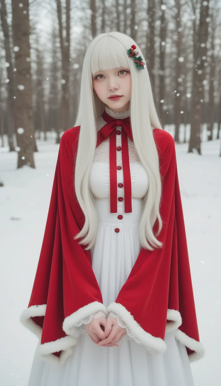 gothic lolita cosplay, cute girl, Red Cloak and Bells, masterpiece, (( long hair )), long white hair , very long straight hair, Short bangs, albino white skin, Pale yellow eyes , Narrow shoulders, Moderate breasts, white skin, skinny,  outdoor、 snowing 世界、 snowing 、 Christmas atmosphere , Christmas Neon, Night Time、 snows