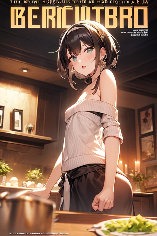 (small breasts:1.3), (perky chest:1.1), (pointed chest:1.0), (fashion magazine cover:1.3)，(from below:1.0),(from side:0.9),masterpiece, 1girl, Amazing Cleavage:1.1, thin waist, big ass, Raised sexy, small breast: 1.3, posed cleavage:1.2、solo, looking at viewer, open mouth, have a cute grass of cute beergrass,black hair, dark green eyes, dress, bare shoulders, jewelry, collarbone, sidelocks, hairband, earrings, indoors, off shoulder, :o, sweater, arms behind back, plant, short hair with long locks, gild hairband, off-shoulder dress, sweater dress, off-shoulder sweater, red sweater, dark gord hair, big side hair, very long side hair,is rendered in (masterpiece: 1.2, best quality), with (ultra high resolution) and an exquisite (depth of field). This masterpiece is not only visually stunning but also tells,A scene of cooking in the kitchen by classroom
